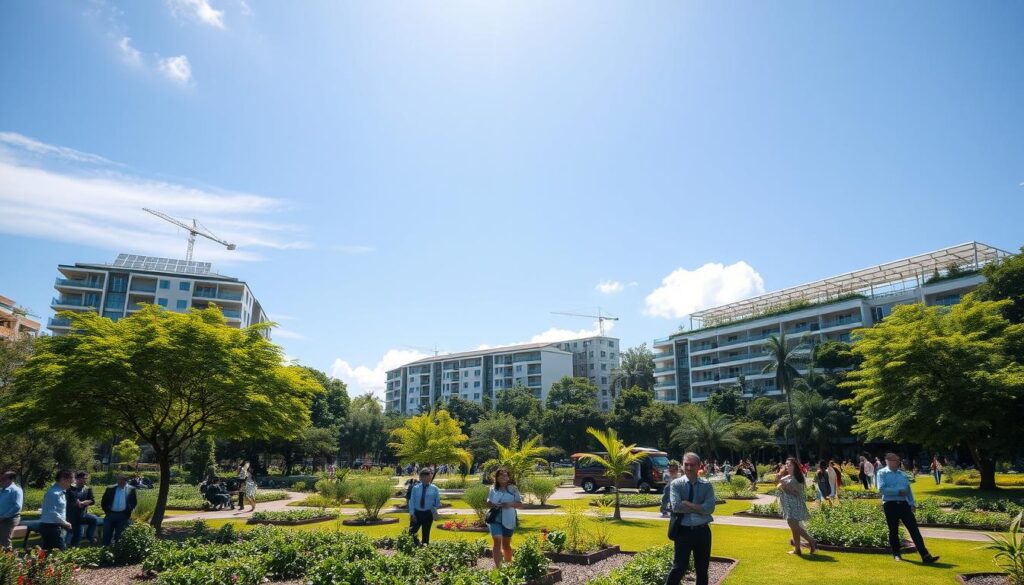 A vibrant urban landscape showcasing sustainable development in Maringá, Brazil. In the foreground, a lush green park filled with trees and community gardens, where families and individuals are enjoying their day in professional business attire, engaging in outdoor activities. The middle ground features modern eco-friendly buildings, with solar panels and green roofs, emphasizing environmental preservation and innovation. The background includes a clear blue sky with soft sunlight filtering through, casting gentle shadows and highlighting the harmony between nature and urban life. Capture this scene with a wide-angle perspective to convey openness and connectivity. The mood is optimistic, reflecting a future where urban growth aligns with quality of life and sustainability in Maringá. A vibrant urban landscape showcasing sustainable development in Maringá, Brazil. In the foreground, a lush green park filled with trees and community gardens, where families and individuals are enjoying their day in professional business attire, engaging in outdoor activities. The middle ground features modern eco-friendly buildings, with solar panels and green roofs, emphasizing environmental preservation and innovation. The background includes a clear blue sky with soft sunlight filtering through, casting gentle shadows and highlighting the harmony between nature and urban life. Capture this scene with a wide-angle perspective to convey openness and connectivity. The mood is optimistic, reflecting a future where urban growth aligns with quality of life and sustainability in Maringá.
