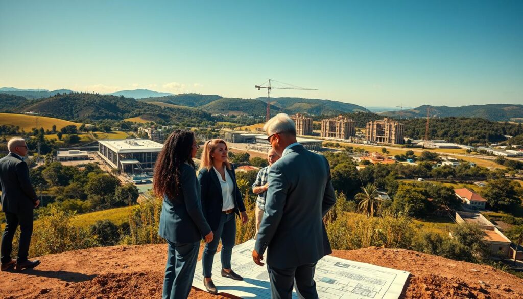 A vibrant urban landscape showcasing the growth of Maringá, Brazil, with a focus on industrial zoning. In the foreground, a diverse group of professionals in business attire discusses plans over blueprints for a factory. In the middle ground, newly constructed industrial buildings rise, interspersed with greenery, fostering a balance between industry and environment. The background features rolling hills and a clear blue sky, symbolizing growth and opportunity. The lighting is warm and inviting, casting soft shadows that enhance the sense of community and collaboration. The camera angle is slightly elevated, allowing for a panoramic view that captures both the bustling activity and the tranquil natural surroundings, creating an atmosphere of progress and innovation. A vibrant urban landscape showcasing the growth of Maringá, Brazil, with a focus on industrial zoning. In the foreground, a diverse group of professionals in business attire discusses plans over blueprints for a factory. In the middle ground, newly constructed industrial buildings rise, interspersed with greenery, fostering a balance between industry and environment. The background features rolling hills and a clear blue sky, symbolizing growth and opportunity. The lighting is warm and inviting, casting soft shadows that enhance the sense of community and collaboration. The camera angle is slightly elevated, allowing for a panoramic view that captures both the bustling activity and the tranquil natural surroundings, creating an atmosphere of progress and innovation.