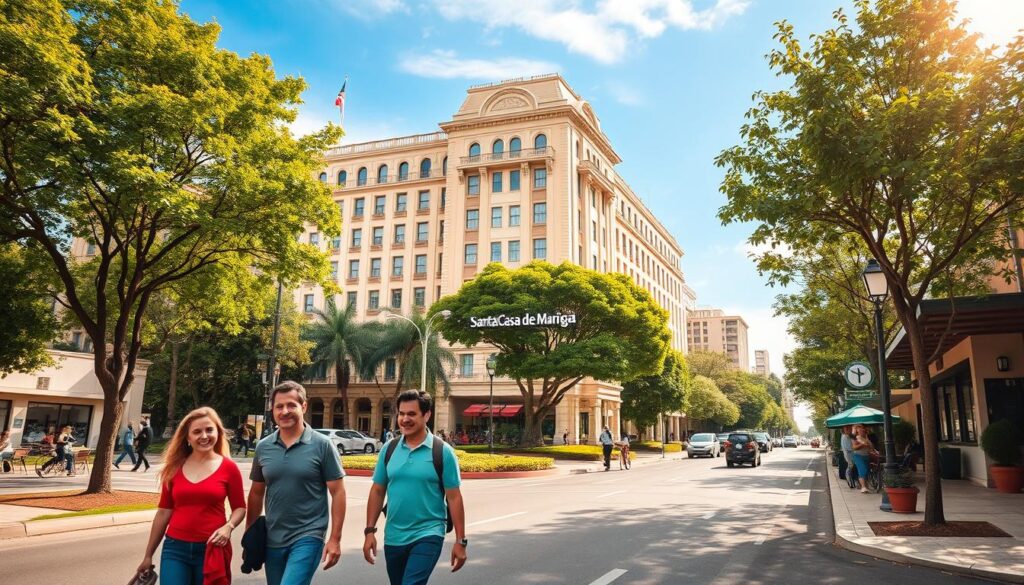 A vibrant urban scene depicting the advantages of living near Santa Casa de Maringá. In the foreground, show a family walking happily along a tree-lined street, engaging with neighbors, illustrating a sense of community. In the middle ground, include a view of the Santa Casa de Maringá, an elegant hospital building with welcoming architecture, surrounded by well-maintained parks and local cafes, emphasizing convenience and accessibility. The background should feature a clear blue sky with soft sunlight filtering through, casting a warm glow over the neighborhood. Capture this scene from a slightly elevated angle, showcasing the inviting atmosphere and pedestrian-friendly environment, evoking feelings of warmth and camaraderie in this vibrant area. A vibrant urban scene depicting the advantages of living near Santa Casa de Maringá. In the foreground, show a family walking happily along a tree-lined street, engaging with neighbors, illustrating a sense of community. In the middle ground, include a view of the Santa Casa de Maringá, an elegant hospital building with welcoming architecture, surrounded by well-maintained parks and local cafes, emphasizing convenience and accessibility. The background should feature a clear blue sky with soft sunlight filtering through, casting a warm glow over the neighborhood. Capture this scene from a slightly elevated angle, showcasing the inviting atmosphere and pedestrian-friendly environment, evoking feelings of warmth and camaraderie in this vibrant area.