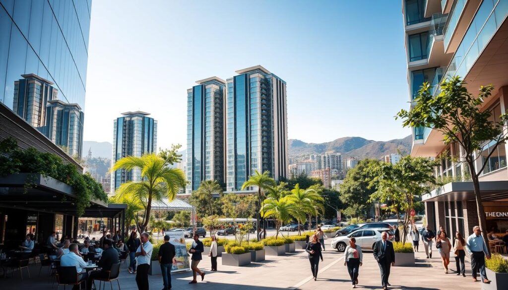 A vibrant urban scene of "Novo Centro Maringá", showcasing modern architecture and greenery. In the foreground, a sleek street with stylish cafes and shops, where individuals dressed in professional business attire can be seen discussing and networking. In the middle ground, elegant high-rise buildings with glass facades reflecting the sky, interspersed with lush trees and planters to emphasize a harmonious blend of nature and urban life. In the background, distant hills under a clear blue sky. The lighting is bright and inviting, suggesting a sunny day, with a warm atmosphere that encourages investment and growth. Capture the essence of progress and revitalization in this bustling city center, using a wide-angle lens to encompass the dynamic space effectively. A vibrant urban scene of "Novo Centro Maringá", showcasing modern architecture and greenery. In the foreground, a sleek street with stylish cafes and shops, where individuals dressed in professional business attire can be seen discussing and networking. In the middle ground, elegant high-rise buildings with glass facades reflecting the sky, interspersed with lush trees and planters to emphasize a harmonious blend of nature and urban life. In the background, distant hills under a clear blue sky. The lighting is bright and inviting, suggesting a sunny day, with a warm atmosphere that encourages investment and growth. Capture the essence of progress and revitalization in this bustling city center, using a wide-angle lens to encompass the dynamic space effectively.