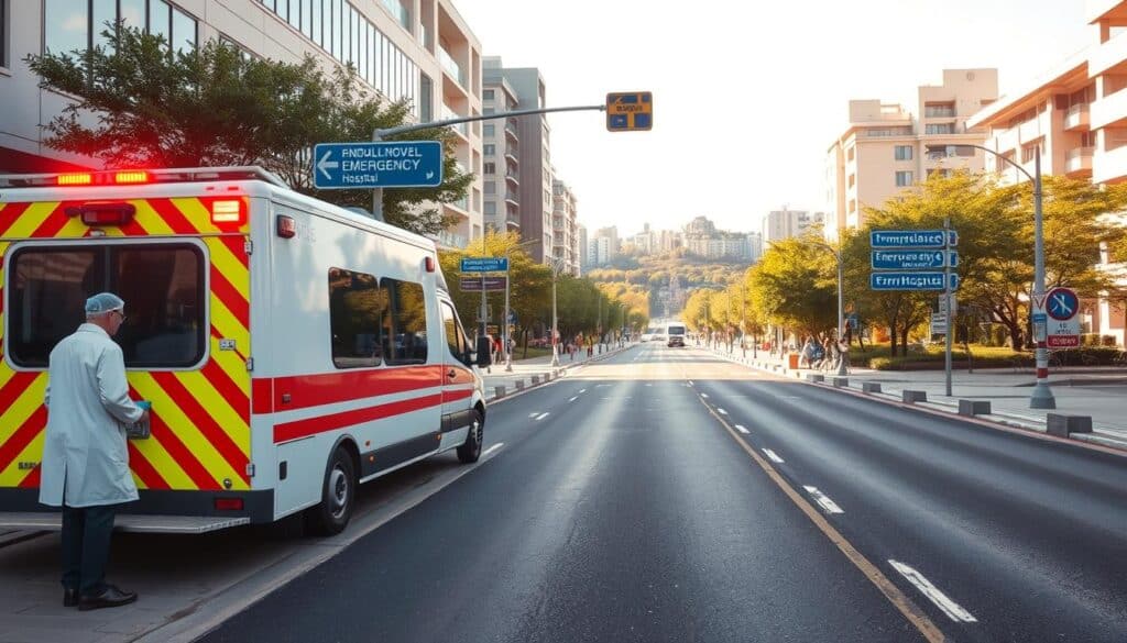 A vibrant urban scene showcasing a clear and efficient route for emergency services. In the foreground, an ambulance with flashing lights is parked at a designated emergency access point, next to a medical professional in a clean white coat, ready to assist. In the middle ground, a wide, well-marked street leads directly to a nearby hospital, with helpful signage directing emergency traffic. The background features a sunny cityscape with modern buildings nestled amidst greenery. Soft afternoon sunlight casts a warm glow, enhancing the urgency yet hopefulness of the situation. The scene captures the importance of quick access to emergency services, with a focus on professionalism and community health. Shot from a slightly elevated angle to showcase the flow of traffic and accessibility. A vibrant urban scene showcasing a clear and efficient route for emergency services. In the foreground, an ambulance with flashing lights is parked at a designated emergency access point, next to a medical professional in a clean white coat, ready to assist. In the middle ground, a wide, well-marked street leads directly to a nearby hospital, with helpful signage directing emergency traffic. The background features a sunny cityscape with modern buildings nestled amidst greenery. Soft afternoon sunlight casts a warm glow, enhancing the urgency yet hopefulness of the situation. The scene captures the importance of quick access to emergency services, with a focus on professionalism and community health. Shot from a slightly elevated angle to showcase the flow of traffic and accessibility.