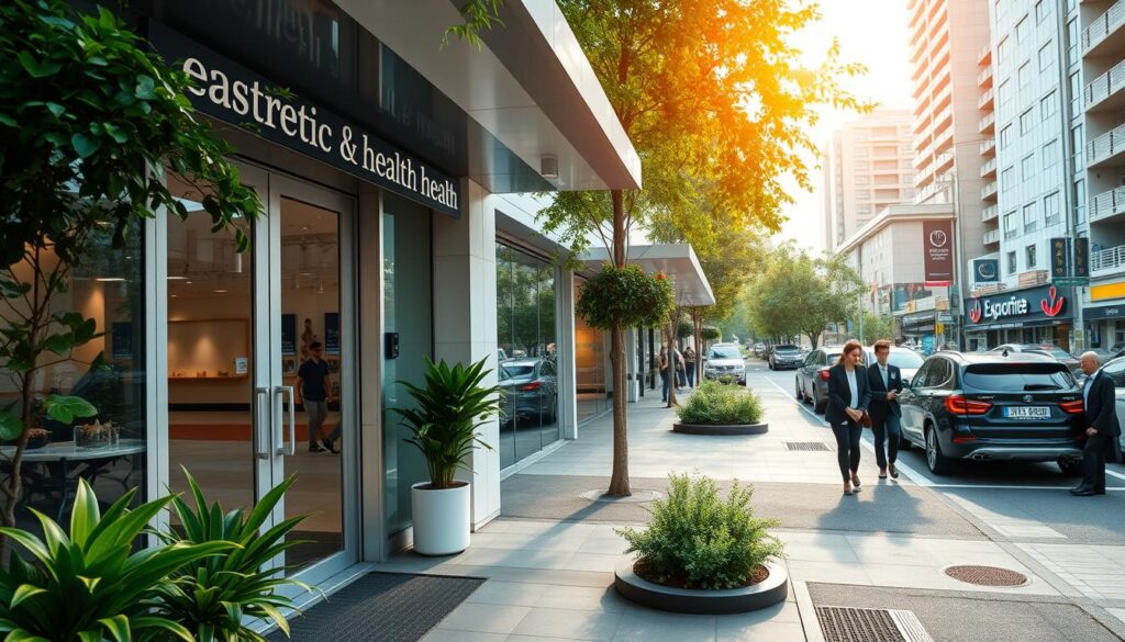 A vibrant urban scene showcasing a well-designed aesthetic and health commercial space with easy access for clients. In the foreground, a welcoming entrance featuring glass doors and an inviting display of greenery. The middle ground includes a spacious parking lot filled with cars, emphasizing convenience. In the background, a bright, bustling street with pedestrians in professional attire indicates a lively atmosphere. Soft, natural lighting highlights the modern architectural features, while an angle captures the space from slightly above, providing a broader perspective. The mood is professional yet approachable, embodying the essence of accessibility and attraction for potential clients. A vibrant urban scene showcasing a well-designed aesthetic and health commercial space with easy access for clients. In the foreground, a welcoming entrance featuring glass doors and an inviting display of greenery. The middle ground includes a spacious parking lot filled with cars, emphasizing convenience. In the background, a bright, bustling street with pedestrians in professional attire indicates a lively atmosphere. Soft, natural lighting highlights the modern architectural features, while an angle captures the space from slightly above, providing a broader perspective. The mood is professional yet approachable, embodying the essence of accessibility and attraction for potential clients.