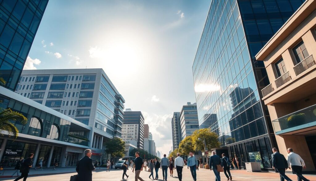 A vibrant urban scene showcasing retrofit architecture in the central area of Maringá. In the foreground, modernized buildings with sleek glass facades blend seamlessly with the original structures, showcasing a balance between contemporary design and historical elements. In the middle ground, a bustling street with professionals in business attire walking, discussing, and engaging with their surroundings, symbolizes the lively atmosphere of the area. The background features a bright blue sky, enhanced with soft, warm sunlight filtering through light clouds, casting gentle shadows. The angle is slightly elevated to capture the depth of the street and the integration of old and new buildings, creating a harmonious mood that reflects the progressive spirit of retrofit in Maringá. A vibrant urban scene showcasing retrofit architecture in the central area of Maringá. In the foreground, modernized buildings with sleek glass facades blend seamlessly with the original structures, showcasing a balance between contemporary design and historical elements. In the middle ground, a bustling street with professionals in business attire walking, discussing, and engaging with their surroundings, symbolizes the lively atmosphere of the area. The background features a bright blue sky, enhanced with soft, warm sunlight filtering through light clouds, casting gentle shadows. The angle is slightly elevated to capture the depth of the street and the integration of old and new buildings, creating a harmonious mood that reflects the progressive spirit of retrofit in Maringá.