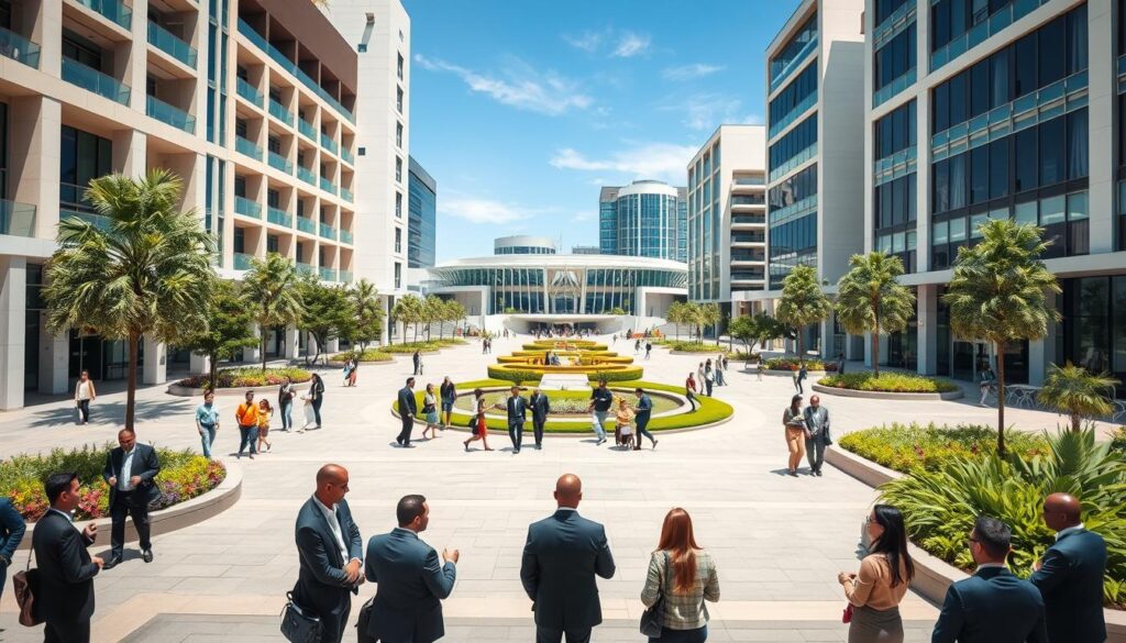 A vibrant urban scene showcasing the Novo Centro de Maringá, featuring modern architectural structures and green public spaces. In the foreground, well-dressed professionals engage in discussions, with a mix of men and women in business attire. The middle ground reveals an impressive civic center with contemporary design elements, surrounded by newly paved walkways and beautiful landscaping. In the background, a clear blue sky enhances the scene, while soft natural light casts gentle shadows, creating an inviting atmosphere. A wide-angle perspective captures the bustling energy of the area, with people enjoying the environment. The overall mood is optimistic and progressive, reflecting the investment potential of this well-developed section of the city. A vibrant urban scene showcasing the Novo Centro de Maringá, featuring modern architectural structures and green public spaces. In the foreground, well-dressed professionals engage in discussions, with a mix of men and women in business attire. The middle ground reveals an impressive civic center with contemporary design elements, surrounded by newly paved walkways and beautiful landscaping. In the background, a clear blue sky enhances the scene, while soft natural light casts gentle shadows, creating an inviting atmosphere. A wide-angle perspective captures the bustling energy of the area, with people enjoying the environment. The overall mood is optimistic and progressive, reflecting the investment potential of this well-developed section of the city.