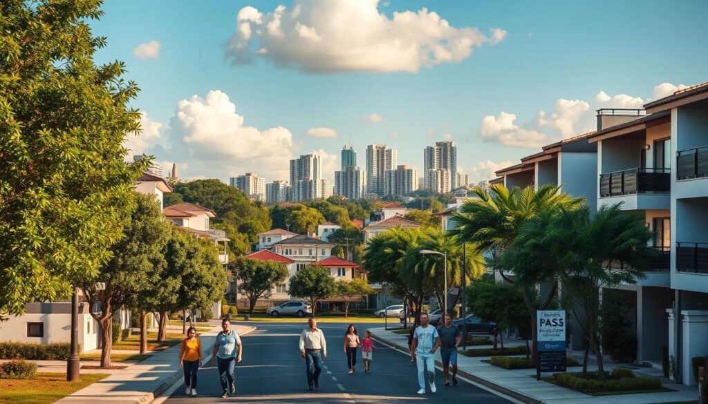 A vibrant view of Zona Norte in Maringá, Brazil, showcasing a mix of modern residential buildings and lush green parks. In the foreground, a stylish residential street features trees along the sidewalk and well-maintained homes in varied architectural styles. In the middle ground, a bustling neighborhood with families enjoying the outdoors, some walking with children and others socializing, all dressed in casual yet neat clothing. The background highlights the skyline, showcasing tall apartment buildings against a clear blue sky with fluffy clouds. The lighting is warm, evoking a sunny afternoon atmosphere, emphasizing the area's liveliness and growth potential. Aim for a professional, inviting scene that reflects the charm and community spirit of Zona Norte. A vibrant view of Zona Norte in Maringá, Brazil, showcasing a mix of modern residential buildings and lush green parks. In the foreground, a stylish residential street features trees along the sidewalk and well-maintained homes in varied architectural styles. In the middle ground, a bustling neighborhood with families enjoying the outdoors, some walking with children and others socializing, all dressed in casual yet neat clothing. The background highlights the skyline, showcasing tall apartment buildings against a clear blue sky with fluffy clouds. The lighting is warm, evoking a sunny afternoon atmosphere, emphasizing the area's liveliness and growth potential. Aim for a professional, inviting scene that reflects the charm and community spirit of Zona Norte.