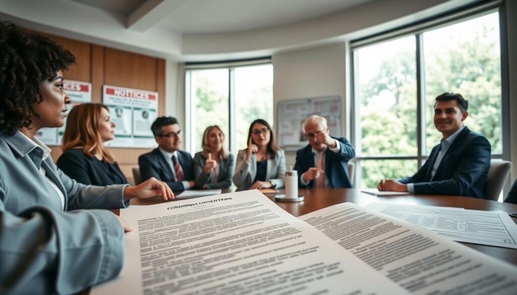 A well-lit and modern condominium meeting room, showcasing a circular table surrounded by diverse individuals in professional attire discussing condominium regulations. In the foreground, a close-up of a printed condominium convention document, its text slightly blurred to focus on the hands of a participant highlighting key points. In the middle ground, a mix of engaged faces—some pointing at a large wall-mounted bulletin board displaying notices related to bylaws and regulations. The background features large windows allowing natural light to flood in, with a green outdoor view visible. The atmosphere is collaborative and focused, emphasizing the importance of clear communication in resolving conflicts about garage spaces. The image should have soft lighting, with a warm, welcoming ambiance. A well-lit and modern condominium meeting room, showcasing a circular table surrounded by diverse individuals in professional attire discussing condominium regulations. In the foreground, a close-up of a printed condominium convention document, its text slightly blurred to focus on the hands of a participant highlighting key points. In the middle ground, a mix of engaged faces—some pointing at a large wall-mounted bulletin board displaying notices related to bylaws and regulations. The background features large windows allowing natural light to flood in, with a green outdoor view visible. The atmosphere is collaborative and focused, emphasizing the importance of clear communication in resolving conflicts about garage spaces. The image should have soft lighting, with a warm, welcoming ambiance.