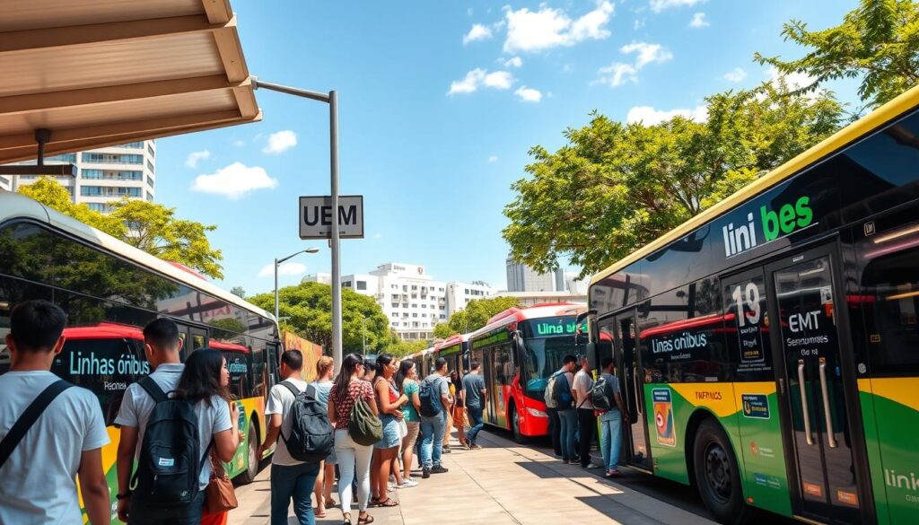 A well-organized city bus station in Maringá during a sunny day, showcasing several colorful buses labeled with popular linhas ônibus routes directly to UEM. In the foreground, a stylish, diverse group of university students, dressed in casual clothing, are waiting at the bus stop with backpacks and books. The middle ground features the buses lined up, each displaying clear route indicators. The background captures a vibrant urban scene with green trees and modern buildings under a clear blue sky. Soft, warm lighting highlights the scene, creating a cheerful and inviting atmosphere. The perspective should be slightly elevated, emphasizing the bus station's structure and the organized chaos of city life. A well-organized city bus station in Maringá during a sunny day, showcasing several colorful buses labeled with popular linhas ônibus routes directly to UEM. In the foreground, a stylish, diverse group of university students, dressed in casual clothing, are waiting at the bus stop with backpacks and books. The middle ground features the buses lined up, each displaying clear route indicators. The background captures a vibrant urban scene with green trees and modern buildings under a clear blue sky. Soft, warm lighting highlights the scene, creating a cheerful and inviting atmosphere. The perspective should be slightly elevated, emphasizing the bus station's structure and the organized chaos of city life.
