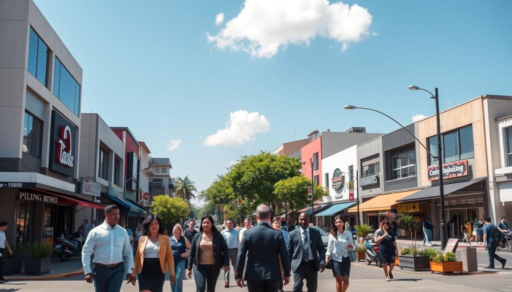 Avenida Morangueira in Maringá, PR, during a sunny day, showcasing a bustling urban scene. In the foreground, a group of diverse professionals in smart business attire walk along the sidewalk, engaged in conversation. The middle ground features a variety of modern commercial buildings, including cafes, boutique shops, and small offices, with colorful signage. Lush trees and decorative plants line the street, adding vibrancy. In the background, a clear blue sky enhances the lively atmosphere, with a few fluffy clouds. The scene is captured from a slightly elevated angle, emphasizing the activity on the avenue. Warm, natural lighting bathes the environment, creating an inviting and dynamic mood that reflects the ongoing importance of Avenida Morangueira. Avenida Morangueira in Maringá, PR, during a sunny day, showcasing a bustling urban scene. In the foreground, a group of diverse professionals in smart business attire walk along the sidewalk, engaged in conversation. The middle ground features a variety of modern commercial buildings, including cafes, boutique shops, and small offices, with colorful signage. Lush trees and decorative plants line the street, adding vibrancy. In the background, a clear blue sky enhances the lively atmosphere, with a few fluffy clouds. The scene is captured from a slightly elevated angle, emphasizing the activity on the avenue. Warm, natural lighting bathes the environment, creating an inviting and dynamic mood that reflects the ongoing importance of Avenida Morangueira.