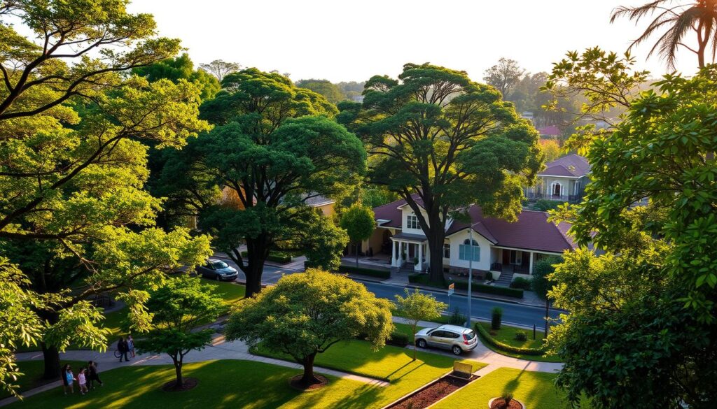 Lush, tree-lined neighborhoods of Maringá, showcasing serene streets adorned with vibrant green foliage and well-maintained parks. In the foreground, a peaceful park with families strolling, children playing, and benches under shady trees. The middle ground features beautiful residential homes with inviting gardens, showcasing a mix of modern and traditional architecture. In the background, tall trees create a natural canopy, filtering soft sunlight that casts gentle shadows on the ground, evoking a tranquil atmosphere. The scene is captured from a slightly elevated angle, as if from a nearby hill, enhancing the depth of the lush surroundings. Soft golden hour lighting emphasizes the vibrant greens and warm tones of the houses, promoting a sense of calm and harmony with nature. Lush, tree-lined neighborhoods of Maringá, showcasing serene streets adorned with vibrant green foliage and well-maintained parks. In the foreground, a peaceful park with families strolling, children playing, and benches under shady trees. The middle ground features beautiful residential homes with inviting gardens, showcasing a mix of modern and traditional architecture. In the background, tall trees create a natural canopy, filtering soft sunlight that casts gentle shadows on the ground, evoking a tranquil atmosphere. The scene is captured from a slightly elevated angle, as if from a nearby hill, enhancing the depth of the lush surroundings. Soft golden hour lighting emphasizes the vibrant greens and warm tones of the houses, promoting a sense of calm and harmony with nature.