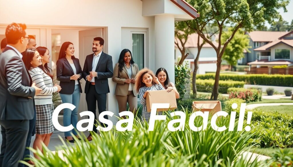 A bright, inviting modern home in Sarandi showcasing the "Casa Fácil" program's essence. In the foreground, a diverse group of professionals in business attire, standing together, engaged in a conversation about housing support initiatives. In the middle ground, a cozy family moving in, unpacking boxes with joyful expressions, symbolizing hope and new beginnings. The background features lush green landscaping, symbolizing community growth and a picturesque neighborhood, with well-maintained homes lining the street. The lighting is warm and natural, suggesting a sunny day, enhancing the welcoming atmosphere. The shot is taken at a slight angle to give depth, emphasizing the harmony between the individuals and their surroundings, inviting viewers to envision a brighter life through the housing program. A bright, inviting modern home in Sarandi showcasing the "Casa Fácil" program's essence. In the foreground, a diverse group of professionals in business attire, standing together, engaged in a conversation about housing support initiatives. In the middle ground, a cozy family moving in, unpacking boxes with joyful expressions, symbolizing hope and new beginnings. The background features lush green landscaping, symbolizing community growth and a picturesque neighborhood, with well-maintained homes lining the street. The lighting is warm and natural, suggesting a sunny day, enhancing the welcoming atmosphere. The shot is taken at a slight angle to give depth, emphasizing the harmony between the individuals and their surroundings, inviting viewers to envision a brighter life through the housing program.