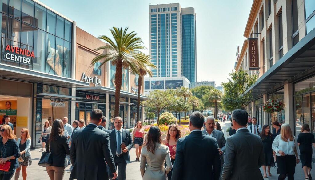 A bustling Avenida Center shopping area captured in a bright, sunny day. In the foreground, a diverse group of professionals in smart business attire are engaging in conversation, illustrating the investment interest around the area. In the middle, stylish stores with modern glass facades showcase vibrant signage, while shoppers stroll leisurely, creating a lively atmosphere. The background reveals a beautifully landscaped plaza with trees and flowers, and the architecture of the Avenida Center stands tall, emphasizing its importance as a local landmark. The scene is captured from a slightly elevated angle, allowing for a panoramic view, with warm natural lighting enhancing the inviting urban environment. The overall mood is optimistic and energetic, highlighting the appeal of the Avenida Center as a prime investment location. A bustling Avenida Center shopping area captured in a bright, sunny day. In the foreground, a diverse group of professionals in smart business attire are engaging in conversation, illustrating the investment interest around the area. In the middle, stylish stores with modern glass facades showcase vibrant signage, while shoppers stroll leisurely, creating a lively atmosphere. The background reveals a beautifully landscaped plaza with trees and flowers, and the architecture of the Avenida Center stands tall, emphasizing its importance as a local landmark. The scene is captured from a slightly elevated angle, allowing for a panoramic view, with warm natural lighting enhancing the inviting urban environment. The overall mood is optimistic and energetic, highlighting the appeal of the Avenida Center as a prime investment location.