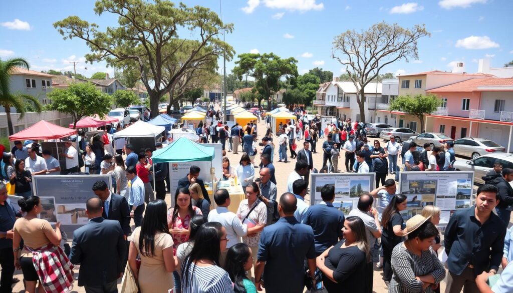 A bustling community housing event in Paraná, depicting a vibrant atmosphere filled with enthusiasm. In the foreground, diverse groups of people, wearing professional business attire and modest casual clothing, engage in lively discussions around information booths displaying housing resources. In the middle ground, colorful canopies and tables showcasing brochures, plans, and architecture models create a welcoming environment. The background features a sunny day with blue skies, trees lining the area, and local architecture illustrating the character of the Paraná region. The scene captures dynamic interactions among individuals, highlighting the sense of community and cooperation. The lighting is bright and natural, enhancing the cheerful mood, shot from a slight elevated angle to encompass the entire event space, revealing the collective effort towards enhancing housing opportunities. A bustling community housing event in Paraná, depicting a vibrant atmosphere filled with enthusiasm. In the foreground, diverse groups of people, wearing professional business attire and modest casual clothing, engage in lively discussions around information booths displaying housing resources. In the middle ground, colorful canopies and tables showcasing brochures, plans, and architecture models create a welcoming environment. The background features a sunny day with blue skies, trees lining the area, and local architecture illustrating the character of the Paraná region. The scene captures dynamic interactions among individuals, highlighting the sense of community and cooperation. The lighting is bright and natural, enhancing the cheerful mood, shot from a slight elevated angle to encompass the entire event space, revealing the collective effort towards enhancing housing opportunities.