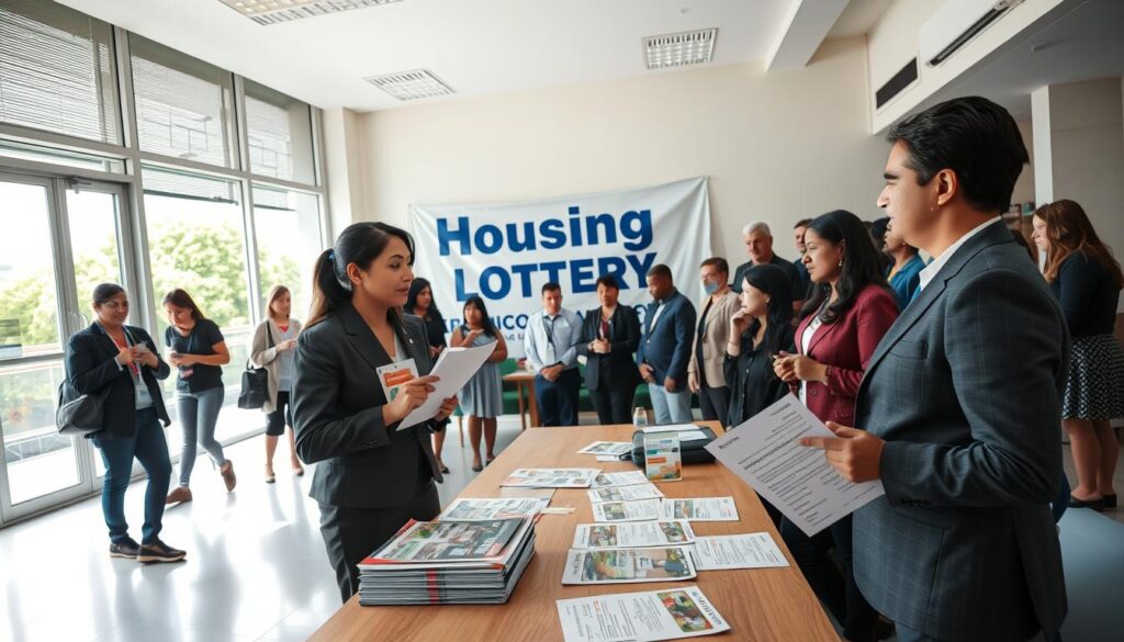A bustling municipal office scene in Maringá, Brazil, showcasing a diverse group of individuals participating in a public housing lottery. In the foreground, a woman in business attire, holding a registration form, looks hopeful as she speaks with a city official in a professional suit. The middle ground features a large banner displaying "Housing Lottery" and a table with brochures about municipal housing programs. In the background, large windows allow natural light to flood in, emphasizing a warm and welcoming atmosphere. The lighting is bright and inviting, capturing the anticipation of the applicants. The angle is slightly elevated, providing a comprehensive view of the engaged community. The overall mood is optimistic and focused, portraying an important civic event without any distractions or overlays. A bustling municipal office scene in Maringá, Brazil, showcasing a diverse group of individuals participating in a public housing lottery. In the foreground, a woman in business attire, holding a registration form, looks hopeful as she speaks with a city official in a professional suit. The middle ground features a large banner displaying "Housing Lottery" and a table with brochures about municipal housing programs. In the background, large windows allow natural light to flood in, emphasizing a warm and welcoming atmosphere. The lighting is bright and inviting, capturing the anticipation of the applicants. The angle is slightly elevated, providing a comprehensive view of the engaged community. The overall mood is optimistic and focused, portraying an important civic event without any distractions or overlays.