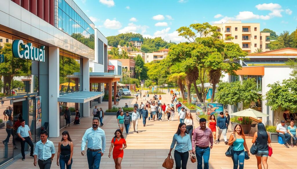 A bustling outdoor view of the Catuaí Shopping in Londrina, Brazil, with its modern architectural design showcased prominently in the foreground. In the middle ground, families and shoppers, dressed in smart casual attire, stroll through the vibrant outdoor plaza, enjoying the shopping ambiance. The background features lush greenery and nearby residential buildings suggesting a thriving community, enhancing the idea of living close to the shopping center. The scene is illuminated by warm afternoon sunlight, casting soft shadows and creating a welcoming atmosphere. Use a slightly elevated angle to capture the whole shopping complex and its surroundings, emphasizing both the urban lifestyle and natural beauty of the area. A bustling outdoor view of the Catuaí Shopping in Londrina, Brazil, with its modern architectural design showcased prominently in the foreground. In the middle ground, families and shoppers, dressed in smart casual attire, stroll through the vibrant outdoor plaza, enjoying the shopping ambiance. The background features lush greenery and nearby residential buildings suggesting a thriving community, enhancing the idea of living close to the shopping center. The scene is illuminated by warm afternoon sunlight, casting soft shadows and creating a welcoming atmosphere. Use a slightly elevated angle to capture the whole shopping complex and its surroundings, emphasizing both the urban lifestyle and natural beauty of the area.