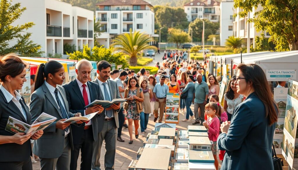 A bustling real estate market scene in Paiçandu, Brazil, showcasing a lively outdoor market. In the foreground, a diverse group of professional individuals in business attire discusses real estate listings, with brochures and property models in their hands. The middle ground features colorful stalls displaying house designs and information about financing options, surrounded by cheerful families exploring the market. The background includes modern residential buildings and green spaces, bathed in warm, late afternoon sunlight, enhancing the inviting atmosphere. The scene captures a sense of community and opportunity, with soft shadows creating depth and a hint of movement in the crowded market. A wide-angle lens perspective emphasizes the vibrant activity and interactions, creating an uplifting and optimistic mood. A bustling real estate market scene in Paiçandu, Brazil, showcasing a lively outdoor market. In the foreground, a diverse group of professional individuals in business attire discusses real estate listings, with brochures and property models in their hands. The middle ground features colorful stalls displaying house designs and information about financing options, surrounded by cheerful families exploring the market. The background includes modern residential buildings and green spaces, bathed in warm, late afternoon sunlight, enhancing the inviting atmosphere. The scene captures a sense of community and opportunity, with soft shadows creating depth and a hint of movement in the crowded market. A wide-angle lens perspective emphasizes the vibrant activity and interactions, creating an uplifting and optimistic mood.