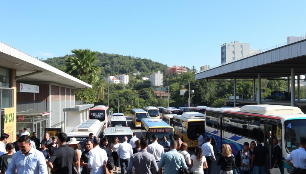 A bustling rodoviário terminal in Maringá, displaying a mix of modern and traditional architecture. The foreground features people in professional and comfortable attire, waiting for buses or conversing, illustrating the lively atmosphere. In the middle, a variety of buses, including urban transit and intercity options, are parked, with a few passengers boarding. Shops and kiosks line the terminal, offering snacks and travel essentials. The background showcases greenery and urban buildings, under a clear blue sky, creating an inviting environment. Soft, natural lighting emphasizes the vibrant colors of the terminal. The scene conveys a sense of accessibility and community, highlighting services that enhance the travel experience in the region. A bustling rodoviário terminal in Maringá, displaying a mix of modern and traditional architecture. The foreground features people in professional and comfortable attire, waiting for buses or conversing, illustrating the lively atmosphere. In the middle, a variety of buses, including urban transit and intercity options, are parked, with a few passengers boarding. Shops and kiosks line the terminal, offering snacks and travel essentials. The background showcases greenery and urban buildings, under a clear blue sky, creating an inviting environment. Soft, natural lighting emphasizes the vibrant colors of the terminal. The scene conveys a sense of accessibility and community, highlighting services that enhance the travel experience in the region.