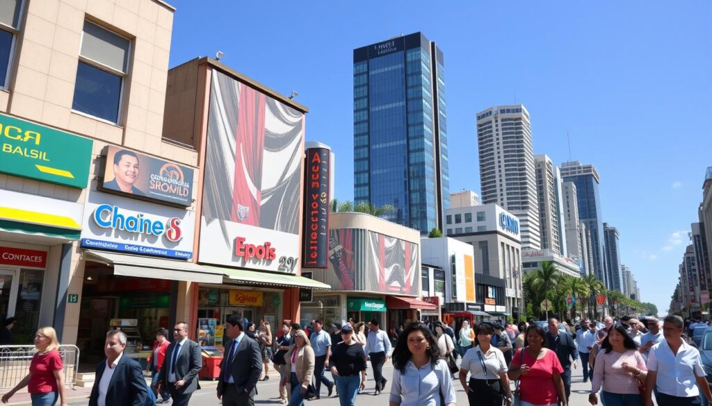 A bustling scene of Avenida Brasil during the day, showcasing a busy urban atmosphere. In the foreground, include a diverse group of people in professional business attire and modest casual clothing engaged in everyday activities like walking, shopping, and chatting. The middle ground should feature a variety of shops, cafes, and services, highlighting convenience, with colorful storefronts and inviting signage. In the background, tall modern buildings reflect the vibrancy of city life under a clear blue sky. The lighting should be bright and cheerful, emphasizing a lively mood. Use a wide-angle perspective to capture the depth and dynamic energy of Avenida Brasil, ensuring the composition looks engaging and inviting. A bustling scene of Avenida Brasil during the day, showcasing a busy urban atmosphere. In the foreground, include a diverse group of people in professional business attire and modest casual clothing engaged in everyday activities like walking, shopping, and chatting. The middle ground should feature a variety of shops, cafes, and services, highlighting convenience, with colorful storefronts and inviting signage. In the background, tall modern buildings reflect the vibrancy of city life under a clear blue sky. The lighting should be bright and cheerful, emphasizing a lively mood. Use a wide-angle perspective to capture the depth and dynamic energy of Avenida Brasil, ensuring the composition looks engaging and inviting.