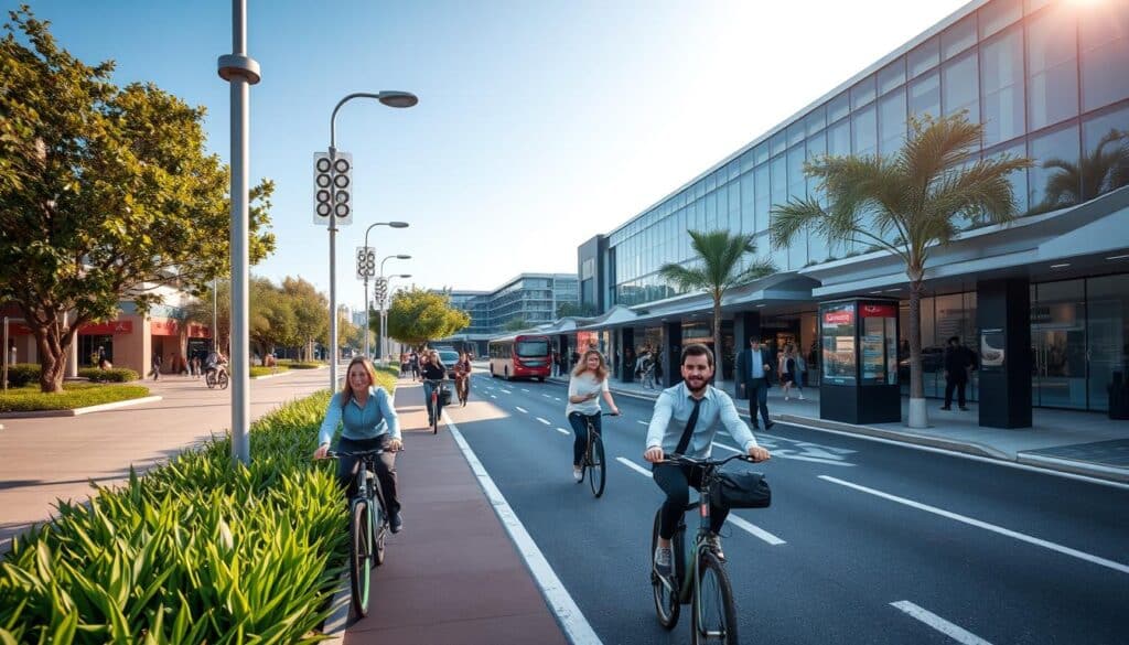 A bustling scene on Avenida Tuiuti, showcasing modern mobility improvements. In the foreground, a well-designed bike lane lined with green plants and bright, safety-enhancing streetlights, with cyclists wearing professional attire. The middle ground features a wide pedestrian walkway, with families enjoying a leisurely stroll, young professionals engaging in conversation, and modern bus stops designed for efficiency. In the background, a sleek shopping mall with large glass windows reflecting the sunlight, surrounded by green spaces. Clear blue skies with soft, warm lighting create an inviting atmosphere. The angle captures a slight bird's-eye view, emphasizing the integration of infrastructure and vibrant community life on Avenida Tuiuti. A bustling scene on Avenida Tuiuti, showcasing modern mobility improvements. In the foreground, a well-designed bike lane lined with green plants and bright, safety-enhancing streetlights, with cyclists wearing professional attire. The middle ground features a wide pedestrian walkway, with families enjoying a leisurely stroll, young professionals engaging in conversation, and modern bus stops designed for efficiency. In the background, a sleek shopping mall with large glass windows reflecting the sunlight, surrounded by green spaces. Clear blue skies with soft, warm lighting create an inviting atmosphere. The angle captures a slight bird's-eye view, emphasizing the integration of infrastructure and vibrant community life on Avenida Tuiuti.