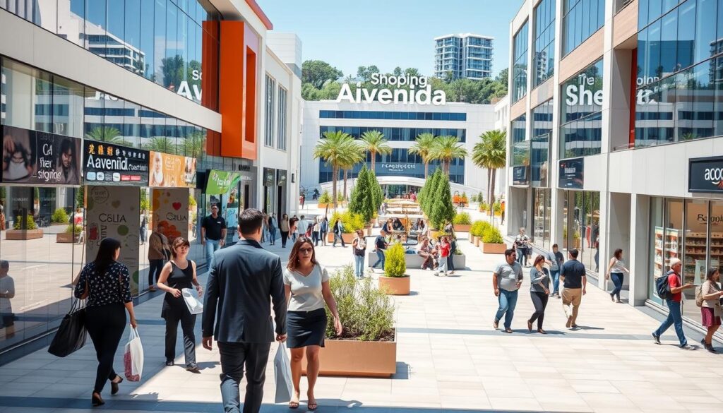 A bustling shopping center, Shopping Avenida Center, featuring modern architecture with large glass windows and vibrant storefronts. In the foreground, shoppers in business casual attire browse various shops, a few holding shopping bags. The middle ground showcases a wide, clean plaza with decorative planters, while people enjoy outdoor seating at a café. In the background, the shopping complex's signature signage is visible, surrounded by well-maintained green spaces. The scene is bathed in bright, natural light, creating a lively and inviting atmosphere. The perspective is slightly elevated, capturing an overall view that highlights the scale and appeal of the venue, encouraging potential visitors to explore the shopping experience. A bustling shopping center, Shopping Avenida Center, featuring modern architecture with large glass windows and vibrant storefronts. In the foreground, shoppers in business casual attire browse various shops, a few holding shopping bags. The middle ground showcases a wide, clean plaza with decorative planters, while people enjoy outdoor seating at a café. In the background, the shopping complex's signature signage is visible, surrounded by well-maintained green spaces. The scene is bathed in bright, natural light, creating a lively and inviting atmosphere. The perspective is slightly elevated, capturing an overall view that highlights the scale and appeal of the venue, encouraging potential visitors to explore the shopping experience.