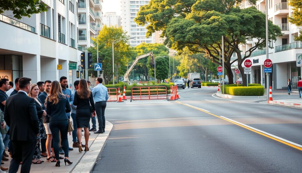 A bustling street scene on Av. Horácio Raccanello in the Novo Centro, showcasing recent road maintenance improvements. In the foreground, a well-maintained wide road with freshly painted lane markings and newly installed traffic signs. To the left, a group of diverse individuals in professional business attire, engaged in conversation, highlighting the community aspect. In the middle, modern buildings with clean facades and landscaping line the street, while workers complete maintenance tasks, using tools and equipment. The background features vibrant greenery, balanced with the architecture of shopfronts and apartments. The lighting is warm, suggesting an early evening glow, casting soft shadows. The image captures a harmonious atmosphere of urban renewal and community engagement on this renovated avenue. A bustling street scene on Av. Horácio Raccanello in the Novo Centro, showcasing recent road maintenance improvements. In the foreground, a well-maintained wide road with freshly painted lane markings and newly installed traffic signs. To the left, a group of diverse individuals in professional business attire, engaged in conversation, highlighting the community aspect. In the middle, modern buildings with clean facades and landscaping line the street, while workers complete maintenance tasks, using tools and equipment. The background features vibrant greenery, balanced with the architecture of shopfronts and apartments. The lighting is warm, suggesting an early evening glow, casting soft shadows. The image captures a harmonious atmosphere of urban renewal and community engagement on this renovated avenue.