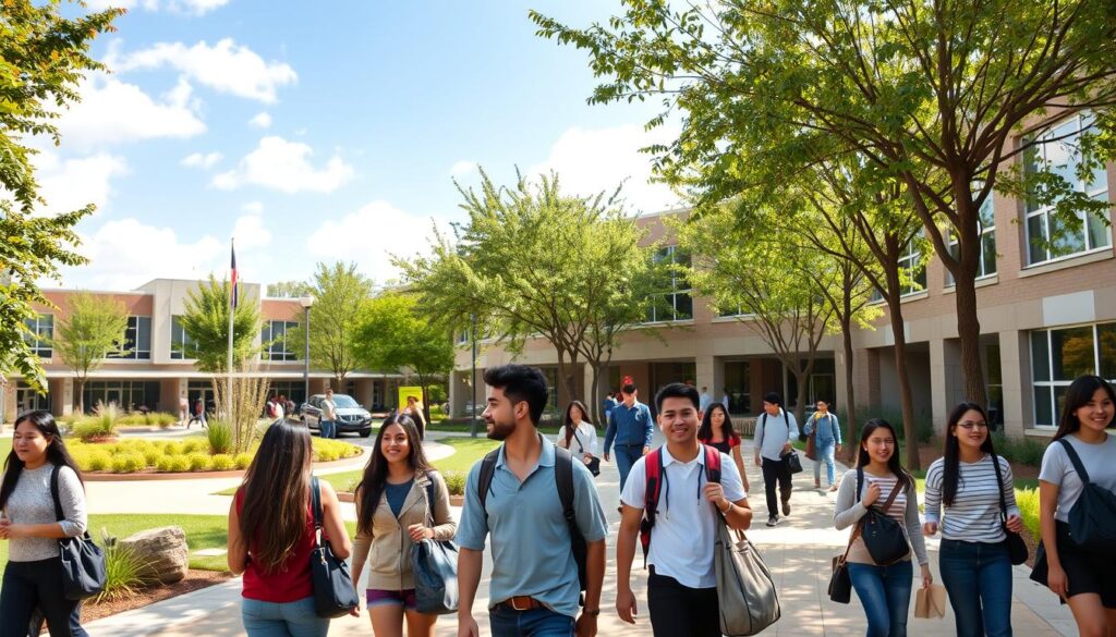 A bustling university campus scene during the day, featuring a diverse group of students walking along safe, tree-lined pathways. In the foreground, a few students of different ethnicities are engaged in conversation, wearing casual but professional attire, showcasing a sense of community and collaboration. The middle ground includes well-maintained buildings with large windows, surrounded by greenery and decorative plants. In the background, a clear blue sky with soft, white clouds enhances the vibrant atmosphere. The sunlight casts gentle shadows, creating a warm feel. The focus should capture the essence of safety and connectivity on campus, with a lively yet peaceful ambiance reflecting the proactive measures in place for student safety. A bustling university campus scene during the day, featuring a diverse group of students walking along safe, tree-lined pathways. In the foreground, a few students of different ethnicities are engaged in conversation, wearing casual but professional attire, showcasing a sense of community and collaboration. The middle ground includes well-maintained buildings with large windows, surrounded by greenery and decorative plants. In the background, a clear blue sky with soft, white clouds enhances the vibrant atmosphere. The sunlight casts gentle shadows, creating a warm feel. The focus should capture the essence of safety and connectivity on campus, with a lively yet peaceful ambiance reflecting the proactive measures in place for student safety.