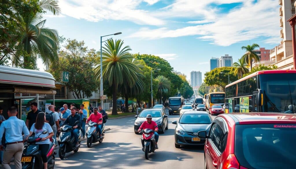 A bustling urban scene along Avenida Mandacaru, showcasing a vibrant flow of modern vehicles including cars, buses, and motorcycles, capturing the essence of traffic movement. In the foreground, showcase a diverse mix of people, dressed in casual but professional attire, as they navigate the busy street, some waiting at a bus stop, others crossing the road. The middle ground features well-maintained roads lined with trees and small businesses, indicating a thriving commercial area. In the background, a clear blue sky with soft sunlight enhances the atmosphere, casting dynamic shadows on the pavement, while distant buildings reflect the urban landscape. The overall mood should feel energetic yet inviting, highlighting the connection between the community and the flow of commerce through the avenue. A bustling urban scene along Avenida Mandacaru, showcasing a vibrant flow of modern vehicles including cars, buses, and motorcycles, capturing the essence of traffic movement. In the foreground, showcase a diverse mix of people, dressed in casual but professional attire, as they navigate the busy street, some waiting at a bus stop, others crossing the road. The middle ground features well-maintained roads lined with trees and small businesses, indicating a thriving commercial area. In the background, a clear blue sky with soft sunlight enhances the atmosphere, casting dynamic shadows on the pavement, while distant buildings reflect the urban landscape. The overall mood should feel energetic yet inviting, highlighting the connection between the community and the flow of commerce through the avenue.