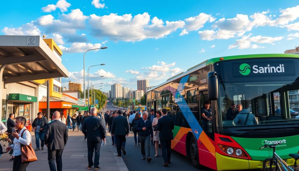A busy urban scene depicting the Sarandi-Maringá transportation landscape. In the foreground, a public bus with the logo of Transporte Sarandi, showcasing a modern design and vibrant colors, is stopped at a transit station where people wait to board. Commuters, dressed in professional business attire and modest casual clothing, engage in conversations or look at their phones, reflecting the hustle of daily life. In the middle ground, a street lined with small shops and cafes bustles with activity, while bicycles and pedestrians share the road. The background features a clear blue sky with occasional fluffy clouds, and distant buildings representing the cityscape, all illuminated by the warm glow of late afternoon sun, creating an inviting and dynamic atmosphere. The overall mood conveys the crucial role of public transportation in daily budgeting and urban flow. A busy urban scene depicting the Sarandi-Maringá transportation landscape. In the foreground, a public bus with the logo of Transporte Sarandi, showcasing a modern design and vibrant colors, is stopped at a transit station where people wait to board. Commuters, dressed in professional business attire and modest casual clothing, engage in conversations or look at their phones, reflecting the hustle of daily life. In the middle ground, a street lined with small shops and cafes bustles with activity, while bicycles and pedestrians share the road. The background features a clear blue sky with occasional fluffy clouds, and distant buildings representing the cityscape, all illuminated by the warm glow of late afternoon sun, creating an inviting and dynamic atmosphere. The overall mood conveys the crucial role of public transportation in daily budgeting and urban flow.