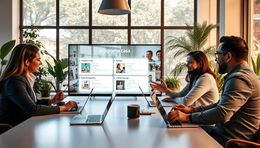 A cheerful, modern office environment showcasing a diverse group of three professionals—one woman and two men—seated at a sleek table with laptops open, engaged in a video conference. The woman is explaining the "programa casa" with enthusiasm, while her colleagues listen intently, taking notes. The background features large windows allowing natural light to illuminate the room, filled with plants for a fresh atmosphere. A prominent digital screen displays visual aids related to online housing registration. Use soft, warm lighting for a welcoming mood, capturing the sense of collaboration and professionalism. The angle is slightly elevated, emphasizing the interaction among the team while maintaining focus on the screen. A cheerful, modern office environment showcasing a diverse group of three professionals—one woman and two men—seated at a sleek table with laptops open, engaged in a video conference. The woman is explaining the "programa casa" with enthusiasm, while her colleagues listen intently, taking notes. The background features large windows allowing natural light to illuminate the room, filled with plants for a fresh atmosphere. A prominent digital screen displays visual aids related to online housing registration. Use soft, warm lighting for a welcoming mood, capturing the sense of collaboration and professionalism. The angle is slightly elevated, emphasizing the interaction among the team while maintaining focus on the screen.