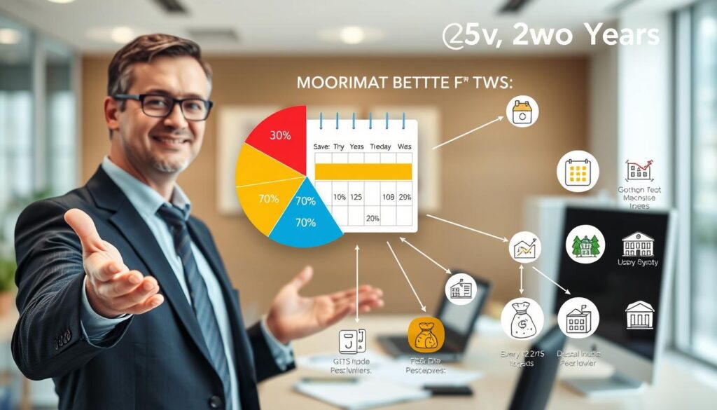 A clear and detailed infographic illustrating the concept of amortizing FGTS every two years. In the foreground, a financial advisor in professional business attire gestures towards a large, colorful pie chart displaying percentages and timelines related to FGTS amortization. The middle layer features a calendar showing every two years highlighted, with arrows connecting to various financial icons such as houses, money bags, and graphs. The background presents a modern office setting with a soft-focus view of financial documents and a computer screen, emphasizing a professional atmosphere. The lighting should be bright and inviting, creating a sense of clarity and trust. The overall mood is informative and engaging, encouraging viewers to understand the concept better. A clear and detailed infographic illustrating the concept of amortizing FGTS every two years. In the foreground, a financial advisor in professional business attire gestures towards a large, colorful pie chart displaying percentages and timelines related to FGTS amortization. The middle layer features a calendar showing every two years highlighted, with arrows connecting to various financial icons such as houses, money bags, and graphs. The background presents a modern office setting with a soft-focus view of financial documents and a computer screen, emphasizing a professional atmosphere. The lighting should be bright and inviting, creating a sense of clarity and trust. The overall mood is informative and engaging, encouraging viewers to understand the concept better.