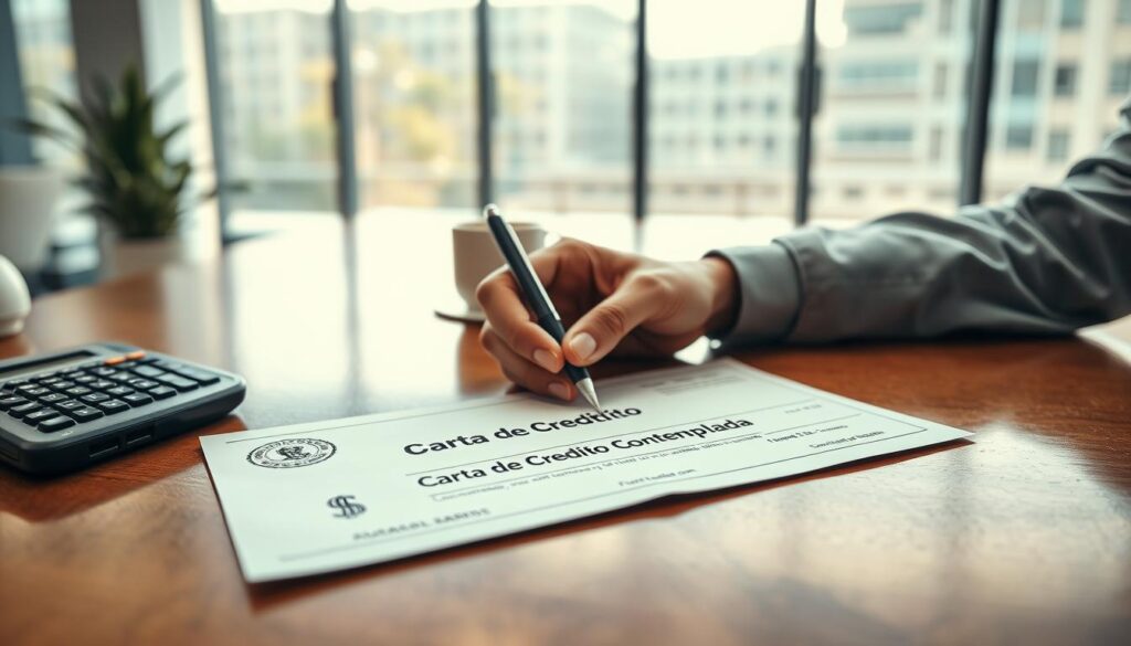 A close-up view of a "Carta de Crédito Contemplada" document placed on a polished wooden desk, illustrating important details like a financial seal and a pen poised for signature. In the foreground, show a pair of hands—dressed in professional attire—gently holding the document. In the middle, include a calculator, a cup of coffee, and a laptop, symbolizing a business environment. The background features a soft-focus view of a modern office space with large windows letting in natural light, creating a warm and inviting atmosphere. The lighting is bright yet soft, giving a professional look. The overall mood is one of trust and security, perfect for conveying the significance of the document in financial transactions. A close-up view of a "Carta de Crédito Contemplada" document placed on a polished wooden desk, illustrating important details like a financial seal and a pen poised for signature. In the foreground, show a pair of hands—dressed in professional attire—gently holding the document. In the middle, include a calculator, a cup of coffee, and a laptop, symbolizing a business environment. The background features a soft-focus view of a modern office space with large windows letting in natural light, creating a warm and inviting atmosphere. The lighting is bright yet soft, giving a professional look. The overall mood is one of trust and security, perfect for conveying the significance of the document in financial transactions.