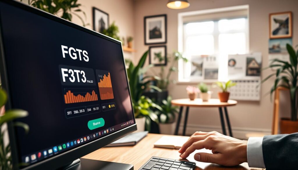 A close-up view of a computer screen displaying the FGTS balance, with a stylish financial app interface showing numerical figures and graphs indicating growth. In the foreground, a hand, dressed in professional business attire, is tapping on the screen. In the middle ground, a cozy, modern home office filled with houseplants and natural light filtering through a window, creating an inviting atmosphere. In the background, a wall featuring framed real estate photos and a calendar with marked dates relevant to property purchases. The lighting is warm and soft, enhancing a sense of security and financial stability. The mood is optimistic and informative, reflecting the importance of using FGTS for buying real estate in Brazil. A close-up view of a computer screen displaying the FGTS balance, with a stylish financial app interface showing numerical figures and graphs indicating growth. In the foreground, a hand, dressed in professional business attire, is tapping on the screen. In the middle ground, a cozy, modern home office filled with houseplants and natural light filtering through a window, creating an inviting atmosphere. In the background, a wall featuring framed real estate photos and a calendar with marked dates relevant to property purchases. The lighting is warm and soft, enhancing a sense of security and financial stability. The mood is optimistic and informative, reflecting the importance of using FGTS for buying real estate in Brazil.