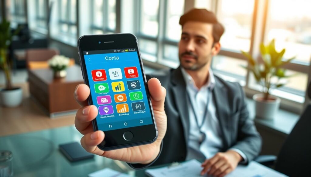 A close-up view of a digital representation of a "Conta FGTS" on a modern smartphone screen, showcasing a user-friendly interface with vibrant colors and icons relevant to financial management. In the foreground, a professional individual in business attire is holding the smartphone, looking thoughtfully at the screen. The middle ground features sleek office furniture, including a desk with financial documents and a potted plant, contributing to a professional atmosphere. In the background, large windows let in soft natural light, illuminating the space and reflecting a contemporary office setting. The image conveys a feeling of optimism and opportunity, emphasizing the connection between financial planning and the FGTS system, with a focus on clarity and professionalism. A close-up view of a digital representation of a "Conta FGTS" on a modern smartphone screen, showcasing a user-friendly interface with vibrant colors and icons relevant to financial management. In the foreground, a professional individual in business attire is holding the smartphone, looking thoughtfully at the screen. The middle ground features sleek office furniture, including a desk with financial documents and a potted plant, contributing to a professional atmosphere. In the background, large windows let in soft natural light, illuminating the space and reflecting a contemporary office setting. The image conveys a feeling of optimism and opportunity, emphasizing the connection between financial planning and the FGTS system, with a focus on clarity and professionalism.