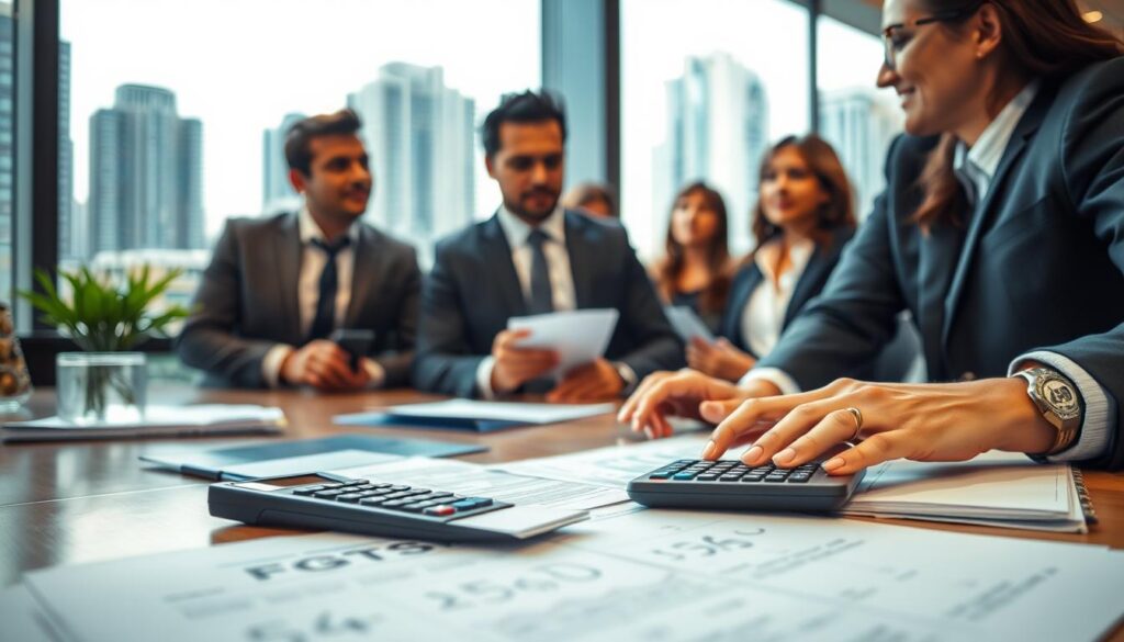 A close-up view of a modern Brazilian office environment, showcasing a professional business setting. In the foreground, a well-organized desk with documents related to FGTS (Fundo de Garantia do Tempo de Serviço) and a calculator. The middle ground features a diverse group of professionals, dressed in smart business attire, discussing financial strategies with expressions of concentration and collaboration. The background includes a large window, allowing natural light to fill the room, highlighting a city skyline with modern buildings. The atmosphere is focused and productive, reflecting the importance of understanding FGTS in the context of property consortia. The overall lighting is warm and inviting, creating a sense of professionalism and assurance. A close-up view of a modern Brazilian office environment, showcasing a professional business setting. In the foreground, a well-organized desk with documents related to FGTS (Fundo de Garantia do Tempo de Serviço) and a calculator. The middle ground features a diverse group of professionals, dressed in smart business attire, discussing financial strategies with expressions of concentration and collaboration. The background includes a large window, allowing natural light to fill the room, highlighting a city skyline with modern buildings. The atmosphere is focused and productive, reflecting the importance of understanding FGTS in the context of property consortia. The overall lighting is warm and inviting, creating a sense of professionalism and assurance.