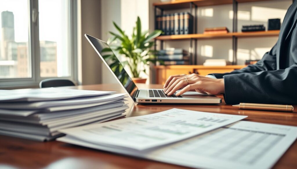A close-up view of a modern office setting focusing on the concept of 'renda' (income). In the foreground, a polished wooden desk displays a neatly organized stack of financial documents and a laptop open to a financial spreadsheet. A pair of hands, dressed in professional business attire, is shown typing on the laptop, indicating active engagement with financial matters. The middle ground features a large window letting in natural light, casting soft shadows that create a warm ambiance. In the background, a potted plant adds a touch of greenery, while shelves with books on finance and entrepreneurship enhance the professional atmosphere. The mood is one of focus, determination, and professionalism, emphasizing the importance of understanding income for credit approval. A close-up view of a modern office setting focusing on the concept of 'renda' (income). In the foreground, a polished wooden desk displays a neatly organized stack of financial documents and a laptop open to a financial spreadsheet. A pair of hands, dressed in professional business attire, is shown typing on the laptop, indicating active engagement with financial matters. The middle ground features a large window letting in natural light, casting soft shadows that create a warm ambiance. In the background, a potted plant adds a touch of greenery, while shelves with books on finance and entrepreneurship enhance the professional atmosphere. The mood is one of focus, determination, and professionalism, emphasizing the importance of understanding income for credit approval.