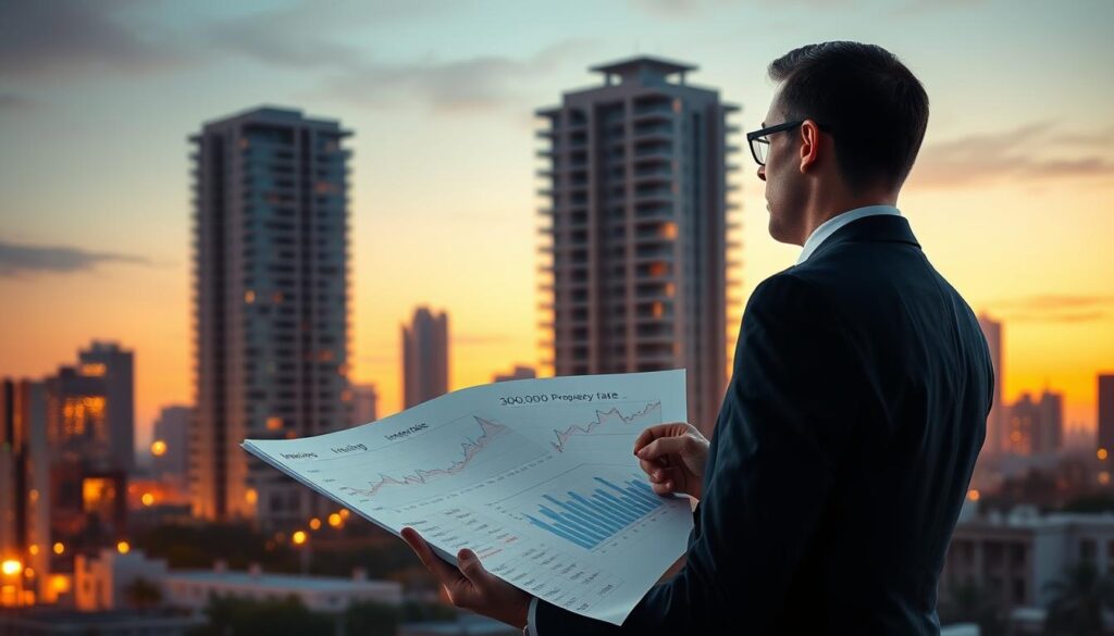 A conceptual illustration depicting the impact of interest rates on real estate financing. In the foreground, a professional businessman in a suit examines a financial report with charts and graphs showing rising interest rates. In the middle ground, a modern apartment building towers, symbolizing a 300,000 property target. The background features a city skyline bathed in soft, warm evening light, representing growth and ambition. Use a slightly elevated angle to create depth, focusing on the contrast between the graphs and the building. The mood is analytical and contemplative, with a clear emphasis on financial decision-making in real estate investments. The overall composition should evoke a sense of urgency and clarity about the financial implications of interest rates. A conceptual illustration depicting the impact of interest rates on real estate financing. In the foreground, a professional businessman in a suit examines a financial report with charts and graphs showing rising interest rates. In the middle ground, a modern apartment building towers, symbolizing a 300,000 property target. The background features a city skyline bathed in soft, warm evening light, representing growth and ambition. Use a slightly elevated angle to create depth, focusing on the contrast between the graphs and the building. The mood is analytical and contemplative, with a clear emphasis on financial decision-making in real estate investments. The overall composition should evoke a sense of urgency and clarity about the financial implications of interest rates.