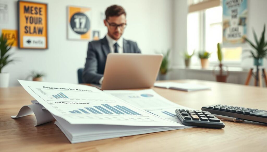 A conceptual visual representation of "pagamento reverso," featuring a business professional seated at a modern desk with a laptop, calculating payments. In the foreground, focus on an open financial document showcasing charts and numbers related to loan payments. In the middle ground, include a calculator with a hand inputting figures, symbolizing strategy and calculation. The background should display a bright, well-lit office environment with motivational posters and plants, creating an uplifting atmosphere. Use soft natural light coming from a window, highlighting the professionalism of the scene. The composition should reflect a sense of clarity and strategic thinking, with a balanced layout that draws the viewer’s attention to the financial document and calculator. A conceptual visual representation of "pagamento reverso," featuring a business professional seated at a modern desk with a laptop, calculating payments. In the foreground, focus on an open financial document showcasing charts and numbers related to loan payments. In the middle ground, include a calculator with a hand inputting figures, symbolizing strategy and calculation. The background should display a bright, well-lit office environment with motivational posters and plants, creating an uplifting atmosphere. Use soft natural light coming from a window, highlighting the professionalism of the scene. The composition should reflect a sense of clarity and strategic thinking, with a balanced layout that draws the viewer’s attention to the financial document and calculator.