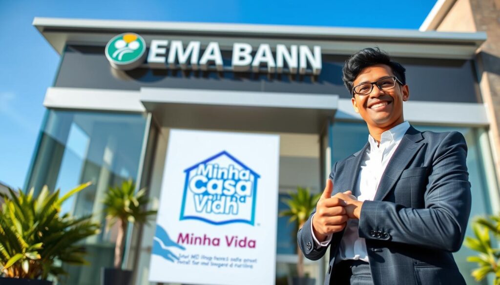 A confident microentrepreneur standing outside a modern bank building, dressed in professional business attire. In the foreground, the entrepreneur is gesturing towards a large poster displaying the "Minha Casa, Minha Vida" logo. The middle ground features a sleek bank entrance, with glass doors and plants adding greenery. In the background, a clear blue sky enhances the sense of opportunity. The lighting is bright and inviting, emphasizing a sense of optimism and success. The angle is slightly low, giving the subject an empowered presence. The overall mood is hopeful and dynamic, showcasing the possibility of home ownership for microentrepreneurs in Maringá. A confident microentrepreneur standing outside a modern bank building, dressed in professional business attire. In the foreground, the entrepreneur is gesturing towards a large poster displaying the "Minha Casa, Minha Vida" logo. The middle ground features a sleek bank entrance, with glass doors and plants adding greenery. In the background, a clear blue sky enhances the sense of opportunity. The lighting is bright and inviting, emphasizing a sense of optimism and success. The angle is slightly low, giving the subject an empowered presence. The overall mood is hopeful and dynamic, showcasing the possibility of home ownership for microentrepreneurs in Maringá.