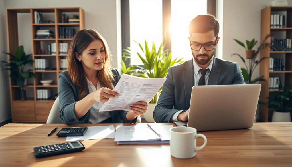 A couple sitting at a stylish, modern desk in a well-lit office space, both dressed in professional business attire, reviewing financial documents. The woman is pointing to a printed sheet while the man types on a laptop, deep in discussion. In the foreground, a neatly arranged calculator, paperwork, and a coffee cup reflect their focus on income commitment rules. In the middle, soft sunlight streams in through a large window, casting warm shadows that enhance the cozy atmosphere. The background features a bookshelf filled with finance books and green plants, symbolizing growth and stability. The overall mood is serious yet collaborative, emphasizing the importance of financial planning and partnership. A couple sitting at a stylish, modern desk in a well-lit office space, both dressed in professional business attire, reviewing financial documents. The woman is pointing to a printed sheet while the man types on a laptop, deep in discussion. In the foreground, a neatly arranged calculator, paperwork, and a coffee cup reflect their focus on income commitment rules. In the middle, soft sunlight streams in through a large window, casting warm shadows that enhance the cozy atmosphere. The background features a bookshelf filled with finance books and green plants, symbolizing growth and stability. The overall mood is serious yet collaborative, emphasizing the importance of financial planning and partnership.