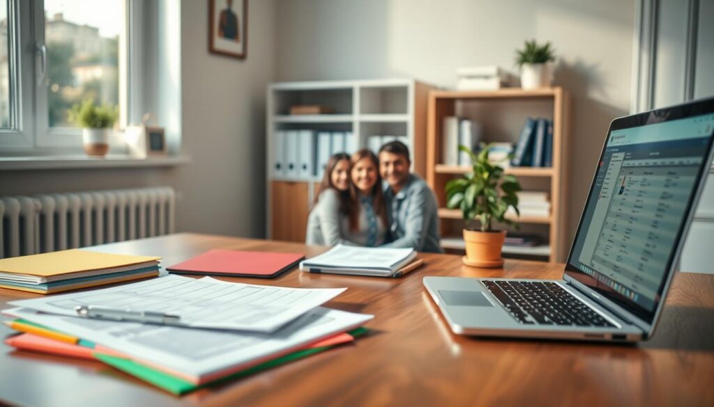 A cozy home office workspace, foreground featuring a neatly arranged wooden desk with colorful folders, important documents, and a laptop displaying a spreadsheet. In the middle, a family photo of four people, smiling, dressed in professional attire, symbolizes unity and readiness for the task at hand. In the background, a small bookshelf filled with organizational books and a decorative plant set the tranquil atmosphere. Soft, natural light filters in through a window, creating a warm and inviting mood, captured with a shallow depth of field to emphasize the desk items. The overall composition evokes a sense of preparation and importance in updating family registrations. A cozy home office workspace, foreground featuring a neatly arranged wooden desk with colorful folders, important documents, and a laptop displaying a spreadsheet. In the middle, a family photo of four people, smiling, dressed in professional attire, symbolizes unity and readiness for the task at hand. In the background, a small bookshelf filled with organizational books and a decorative plant set the tranquil atmosphere. Soft, natural light filters in through a window, creating a warm and inviting mood, captured with a shallow depth of field to emphasize the desk items. The overall composition evokes a sense of preparation and importance in updating family registrations.