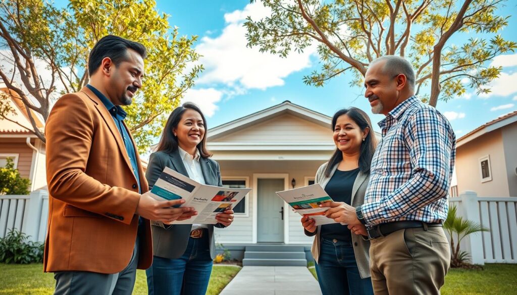 A cozy suburban scene depicting a family in Maringá discussing the "Casa Fácil" housing program. In the foreground, a diverse group of three adults in smart casual attire stands together, looking at a brochure with enthusiasm. The middle ground features a modest yet modern home symbolizing affordable housing, with greenery around it, and a welcoming front porch. In the background, a bright blue sky embodies a sense of hope and opportunity, with gentle sunlight illuminating the scene. The composition should convey a warm, inviting atmosphere, representing community and support. Use a professional photography style, with natural lighting and a focus on the expressions of optimism on the faces of the participants, taken from a slightly elevated perspective to capture the entire setting. A cozy suburban scene depicting a family in Maringá discussing the "Casa Fácil" housing program. In the foreground, a diverse group of three adults in smart casual attire stands together, looking at a brochure with enthusiasm. The middle ground features a modest yet modern home symbolizing affordable housing, with greenery around it, and a welcoming front porch. In the background, a bright blue sky embodies a sense of hope and opportunity, with gentle sunlight illuminating the scene. The composition should convey a warm, inviting atmosphere, representing community and support. Use a professional photography style, with natural lighting and a focus on the expressions of optimism on the faces of the participants, taken from a slightly elevated perspective to capture the entire setting.