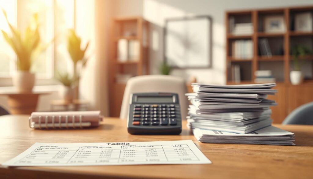 A detailed and educational illustration of the Tabela Price. In the foreground, a clean and modern financial chart displaying the Tabela Price, with clearly defined columns and rows illustrating payment amounts and interest rates. The middle ground features a professional-looking calculator and a neat stack of financial documents, symbolizing calculations and budgeting. In the background, a softly blurred office setting with elegant design elements, such as bookshelves and potted plants, conveys a professional atmosphere. Natural lighting streams in, creating a bright and inviting ambiance, captured from a slightly elevated angle to emphasize the foreground details. The mood is informative and focused, ideal for a financial article. A detailed and educational illustration of the Tabela Price. In the foreground, a clean and modern financial chart displaying the Tabela Price, with clearly defined columns and rows illustrating payment amounts and interest rates. The middle ground features a professional-looking calculator and a neat stack of financial documents, symbolizing calculations and budgeting. In the background, a softly blurred office setting with elegant design elements, such as bookshelves and potted plants, conveys a professional atmosphere. Natural lighting streams in, creating a bright and inviting ambiance, captured from a slightly elevated angle to emphasize the foreground details. The mood is informative and focused, ideal for a financial article.