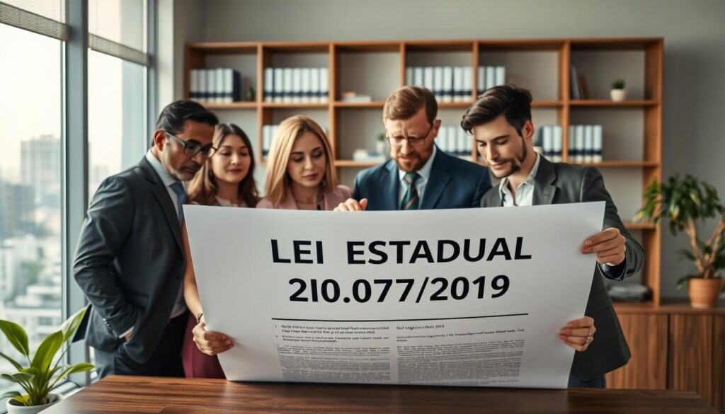 A detailed and engaging image depicting the concept of "Lei Estadual 20.071/2019" and its implications on property registration discounts in Paraná. In the foreground, a diverse group of professionals dressed in business attire are gathered around a large, open legal document titled "Lei Estadual 20.071/2019", examining it intently. The middle ground features a modern office environment with a large window overlooking a cityscape, symbolizing progress and urban development. In the background, soft lighting enhances a thoughtful atmosphere, with shelves filled with legal books and a potted plant for a touch of nature. The composition focuses on clarity and professionalism, capturing the essence of the law and its relevance to real estate registrations, evoking a mood of collaboration and importance. A detailed and engaging image depicting the concept of "Lei Estadual 20.071/2019" and its implications on property registration discounts in Paraná. In the foreground, a diverse group of professionals dressed in business attire are gathered around a large, open legal document titled "Lei Estadual 20.071/2019", examining it intently. The middle ground features a modern office environment with a large window overlooking a cityscape, symbolizing progress and urban development. In the background, soft lighting enhances a thoughtful atmosphere, with shelves filled with legal books and a potted plant for a touch of nature. The composition focuses on clarity and professionalism, capturing the essence of the law and its relevance to real estate registrations, evoking a mood of collaboration and importance.