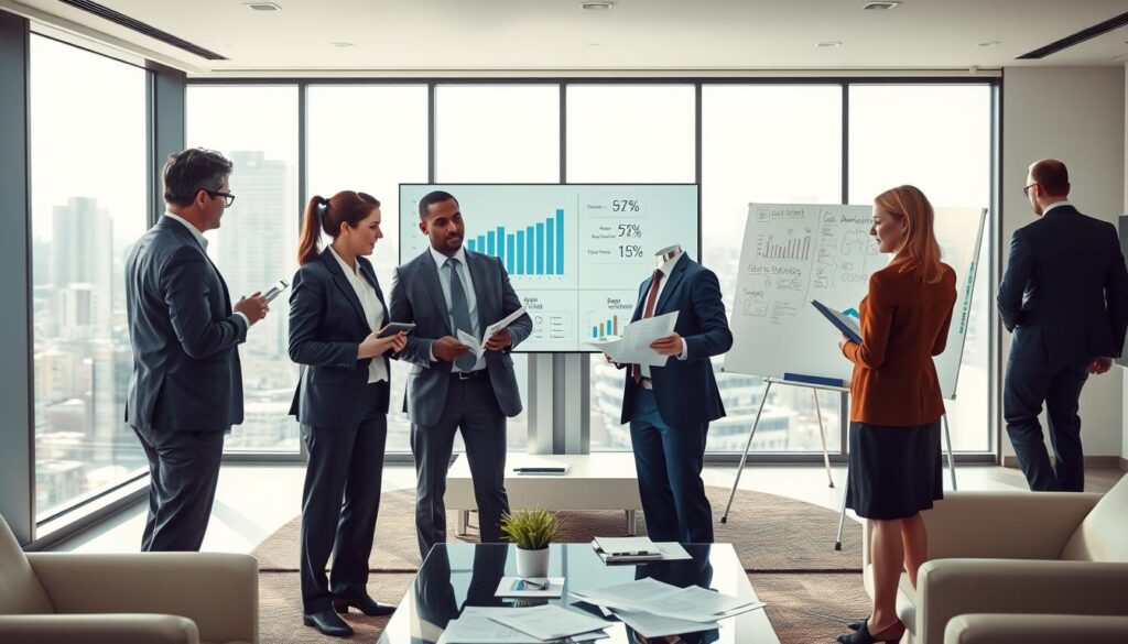A detailed and informative illustration of a "Taxa de Administração" in a consortium setting. In the foreground, a diverse group of three professionals dressed in formal business attire discuss financial documents, with one pointing at a chart displaying various administrative fee percentages. In the middle ground, an elegant, modern office environment with sleek furniture, a large screen displaying graphs, and a whiteboard filled with notes on consortium administration. The background shows a cityscape through floor-to-ceiling windows, bathed in natural light, creating a bright and optimistic atmosphere. Capture the mood of professionalism and collaboration, with a focus on clarity and engagement, emphasizing the importance of understanding administrative fees in consortia. Use a mild depth of field to keep the focus on the professionals and their interaction. A detailed and informative illustration of a "Taxa de Administração" in a consortium setting. In the foreground, a diverse group of three professionals dressed in formal business attire discuss financial documents, with one pointing at a chart displaying various administrative fee percentages. In the middle ground, an elegant, modern office environment with sleek furniture, a large screen displaying graphs, and a whiteboard filled with notes on consortium administration. The background shows a cityscape through floor-to-ceiling windows, bathed in natural light, creating a bright and optimistic atmosphere. Capture the mood of professionalism and collaboration, with a focus on clarity and engagement, emphasizing the importance of understanding administrative fees in consortia. Use a mild depth of field to keep the focus on the professionals and their interaction.