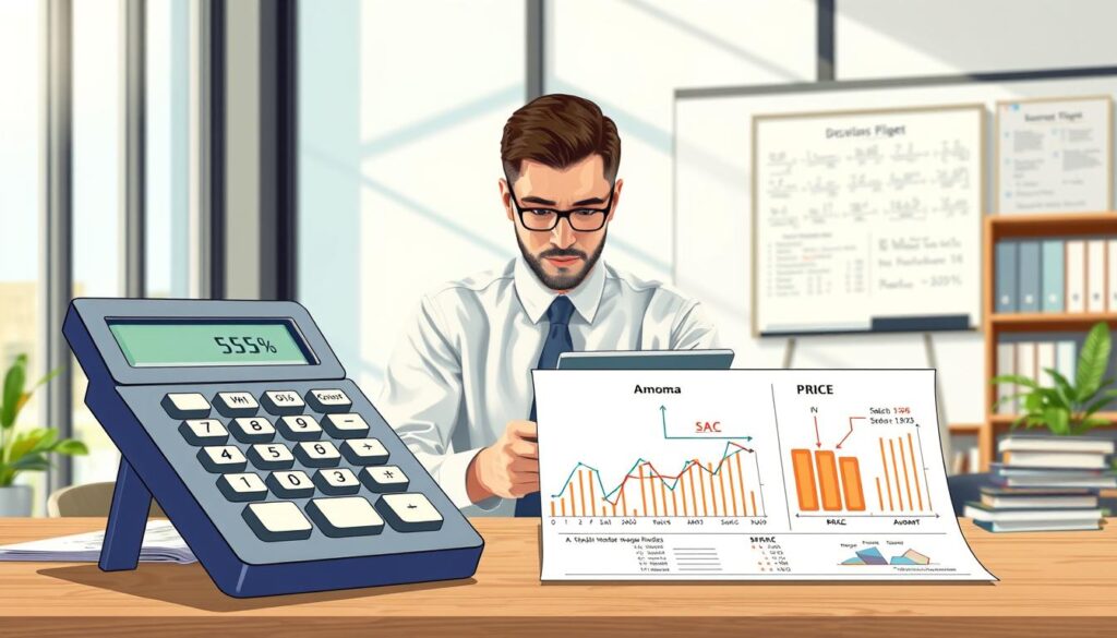 A detailed and informative illustration of amortization systems in Brazil, featuring a stylized calculator in the foreground, with a variety of graphs and flowcharts depicting different amortization models like SAC and PRICE next to it. In the middle ground, display a business professional in formal attire examining the data on a tablet, with a focused expression. The background should consist of a modern office space with soft natural lighting coming through large windows, casting gentle shadows. Include elements like financial books and a whiteboard filled with formulas to enhance the educational atmosphere. The overall mood should be analytical and professional, reflecting a serious approach to financial planning without any distractions. A detailed and informative illustration of amortization systems in Brazil, featuring a stylized calculator in the foreground, with a variety of graphs and flowcharts depicting different amortization models like SAC and PRICE next to it. In the middle ground, display a business professional in formal attire examining the data on a tablet, with a focused expression. The background should consist of a modern office space with soft natural lighting coming through large windows, casting gentle shadows. Include elements like financial books and a whiteboard filled with formulas to enhance the educational atmosphere. The overall mood should be analytical and professional, reflecting a serious approach to financial planning without any distractions.