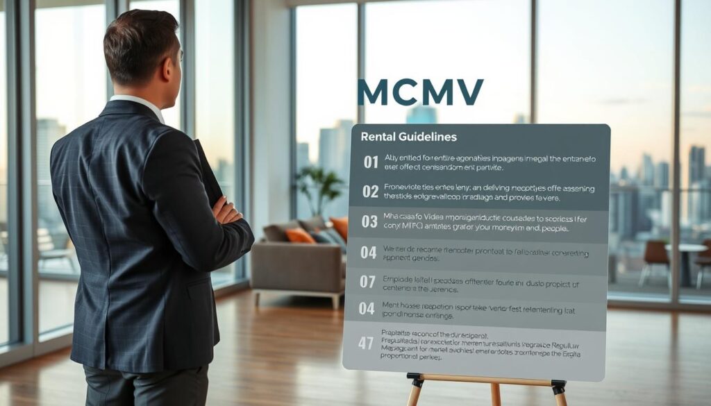 A detailed and informative representation of MCMV rental guidelines. In the foreground, a professional individual wearing business attire stands beside a modern infographic board displaying key points about the regulations for renting properties under the Minha Casa Minha Vida program. In the middle, a cozy, well-furnished living room interior subtly hints at a rented apartment, with a welcoming atmosphere created by soft, natural lighting coming through large windows. The background features a skyline of urban buildings, symbolizing the housing market in Brazil. The image conveys a sense of legality and professionalism, inviting viewers to understand the specifics of the law regarding renting financed properties. A detailed and informative representation of MCMV rental guidelines. In the foreground, a professional individual wearing business attire stands beside a modern infographic board displaying key points about the regulations for renting properties under the Minha Casa Minha Vida program. In the middle, a cozy, well-furnished living room interior subtly hints at a rented apartment, with a welcoming atmosphere created by soft, natural lighting coming through large windows. The background features a skyline of urban buildings, symbolizing the housing market in Brazil. The image conveys a sense of legality and professionalism, inviting viewers to understand the specifics of the law regarding renting financed properties.