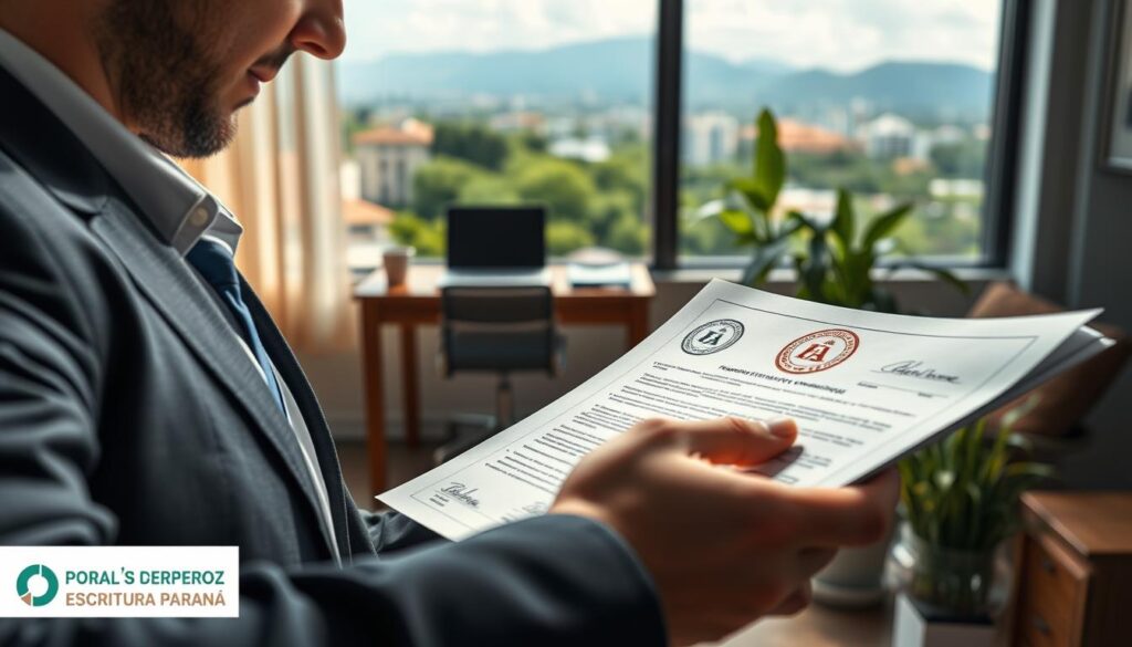 A detailed and realistic image representing the concept of "Escritura Paraná." In the foreground, focus on a professional figure, dressed in business attire, examining a legal document marked with official seals and signatures, symbolizing property ownership. In the middle ground, feature a cozy office setting with a desk, a laptop, and a plant, creating a welcoming atmosphere. In the background, a view of the Paraná landscape through a window, showcasing lush greenery and the distinctive architecture of Curitiba. Soft, natural lighting cascades through the window, adding warmth to the scene. The mood should evoke trust, professionalism, and clarity, highlighting the benefits of free writing and legal processes in a modern context. A detailed and realistic image representing the concept of "Escritura Paraná." In the foreground, focus on a professional figure, dressed in business attire, examining a legal document marked with official seals and signatures, symbolizing property ownership. In the middle ground, feature a cozy office setting with a desk, a laptop, and a plant, creating a welcoming atmosphere. In the background, a view of the Paraná landscape through a window, showcasing lush greenery and the distinctive architecture of Curitiba. Soft, natural lighting cascades through the window, adding warmth to the scene. The mood should evoke trust, professionalism, and clarity, highlighting the benefits of free writing and legal processes in a modern context.