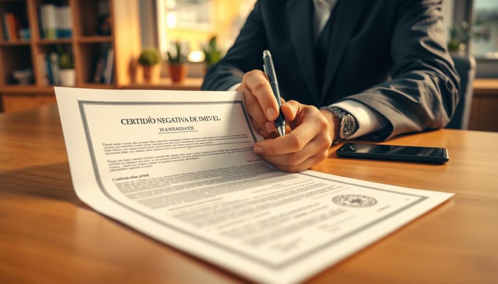 A detailed close-up image of a "Certidão Negativa de Imóvel" document prominently displayed on a clean wooden desk. In the foreground, the document shows intricate Brazilian legal text and official seals, with the focus on elements like ink signatures and embossed stamps to convey authenticity. In the middle ground, a pair of professional hands, dressed in business attire, hold a pen poised over the document, ready to sign. The background includes a softly blurred office setting with shelves filled with books and potted plants, creating a professional atmosphere. Warm, natural lighting casts gentle shadows, emphasizing the texture of the paper and the seriousness of the task at hand. The overall mood is formal and businesslike, perfect for discussing real estate documentation. A detailed close-up image of a "Certidão Negativa de Imóvel" document prominently displayed on a clean wooden desk. In the foreground, the document shows intricate Brazilian legal text and official seals, with the focus on elements like ink signatures and embossed stamps to convey authenticity. In the middle ground, a pair of professional hands, dressed in business attire, hold a pen poised over the document, ready to sign. The background includes a softly blurred office setting with shelves filled with books and potted plants, creating a professional atmosphere. Warm, natural lighting casts gentle shadows, emphasizing the texture of the paper and the seriousness of the task at hand. The overall mood is formal and businesslike, perfect for discussing real estate documentation.