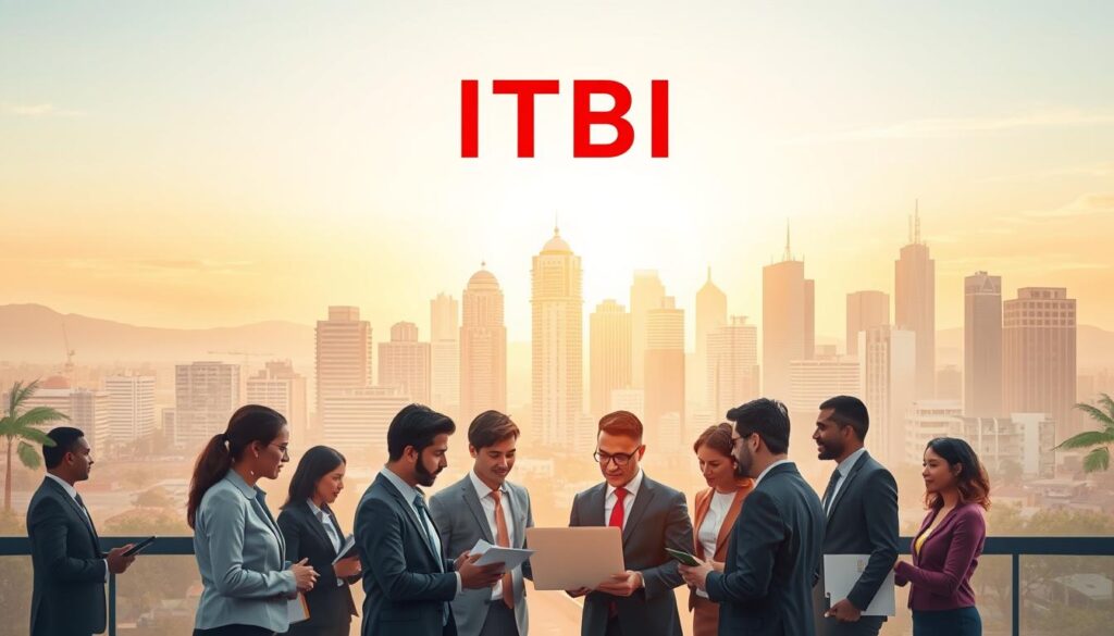 A detailed illustration depicting the concept of ITBI (Imposto sobre Transmissão de Bens Imóveis) in the context of real estate transactions. In the foreground, a diverse group of professionals in business attire engage in a discussion around a property transaction, with documents and a laptop open before them. The middle ground showcases a modern cityscape representing Paraná, with iconic buildings of Maringá, Londrina, and the capital subtly blended together. In the background, a soft sunset casts warm, golden light, enhancing the atmosphere of professionalism and collaboration. The composition is shot from a slight high angle, creating a sense of depth and focus on the importance of ITBI in real estate. The overall mood is informative and engaging, inviting the viewer to explore the significance of this tax in property transactions. A detailed illustration depicting the concept of ITBI (Imposto sobre Transmissão de Bens Imóveis) in the context of real estate transactions. In the foreground, a diverse group of professionals in business attire engage in a discussion around a property transaction, with documents and a laptop open before them. The middle ground showcases a modern cityscape representing Paraná, with iconic buildings of Maringá, Londrina, and the capital subtly blended together. In the background, a soft sunset casts warm, golden light, enhancing the atmosphere of professionalism and collaboration. The composition is shot from a slight high angle, creating a sense of depth and focus on the importance of ITBI in real estate. The overall mood is informative and engaging, inviting the viewer to explore the significance of this tax in property transactions.