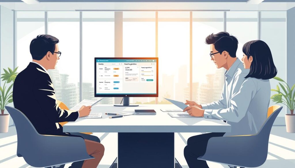 A detailed illustration of a housing registration program concept. In the foreground, a diverse group of three individuals, dressed in professional business attire, are gathered around a modern conference table, discussing documents related to housing applications. In the middle ground, a computer screen displays a digital interface showing housing registration details and CPF information. The background features a bright office space with large windows allowing natural light to flood in, creating an uplifting atmosphere. Soft shadows accentuate the modern decor. The overall mood is focused and optimistic, emphasizing collaboration and progress in securing housing opportunities. A detailed illustration of a housing registration program concept. In the foreground, a diverse group of three individuals, dressed in professional business attire, are gathered around a modern conference table, discussing documents related to housing applications. In the middle ground, a computer screen displays a digital interface showing housing registration details and CPF information. The background features a bright office space with large windows allowing natural light to flood in, creating an uplifting atmosphere. Soft shadows accentuate the modern decor. The overall mood is focused and optimistic, emphasizing collaboration and progress in securing housing opportunities.