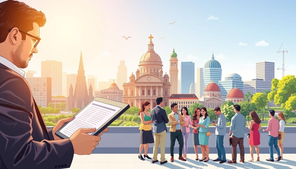 A detailed illustration of the ITBI taxation process in Paraná, featuring a modern cityscape that includes elements from Maringá, Londrina, and the capital, Curitiba. In the foreground, a professional-looking individual in business attire is reviewing documents with a digital tablet, evoking a sense of professionalism and analysis. The middle ground showcases a diverse group of people, engaged in discussions about real estate, symbolizing community engagement with taxation issues. The background features recognizable landmarks from each city, such as Maringá's cathedral, Londrina's historical buildings, and Curitiba's parks, under a bright, sunny sky to convey optimism. The lighting is warm and inviting, enhancing the mood of collaboration and economic growth, captured from a slightly elevated angle for depth. A detailed illustration of the ITBI taxation process in Paraná, featuring a modern cityscape that includes elements from Maringá, Londrina, and the capital, Curitiba. In the foreground, a professional-looking individual in business attire is reviewing documents with a digital tablet, evoking a sense of professionalism and analysis. The middle ground showcases a diverse group of people, engaged in discussions about real estate, symbolizing community engagement with taxation issues. The background features recognizable landmarks from each city, such as Maringá's cathedral, Londrina's historical buildings, and Curitiba's parks, under a bright, sunny sky to convey optimism. The lighting is warm and inviting, enhancing the mood of collaboration and economic growth, captured from a slightly elevated angle for depth.